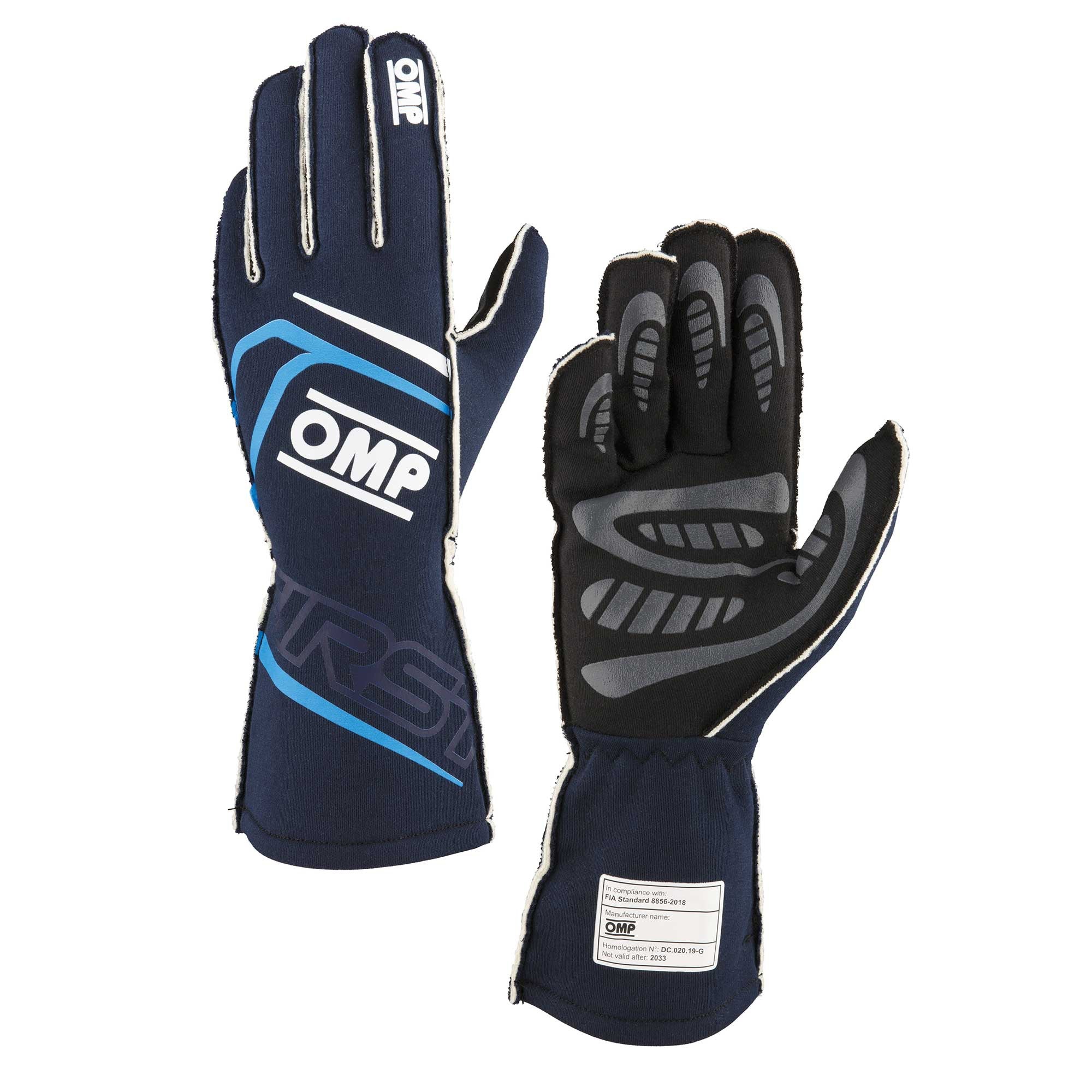 The navy and cyan OMP First Fire Resistant Racing Gloves.