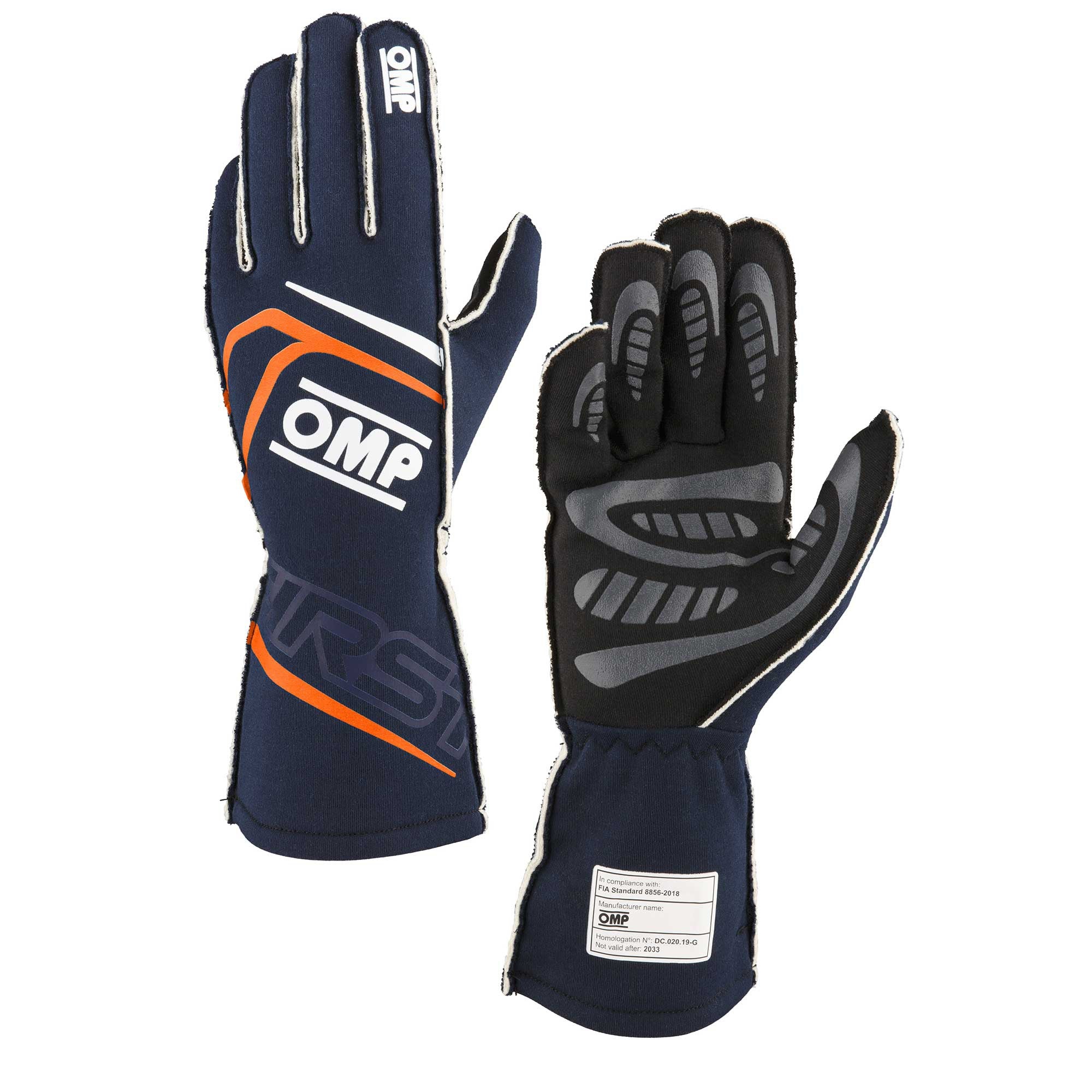 The navy and orange OMP First Fire Resistant Racing Gloves.