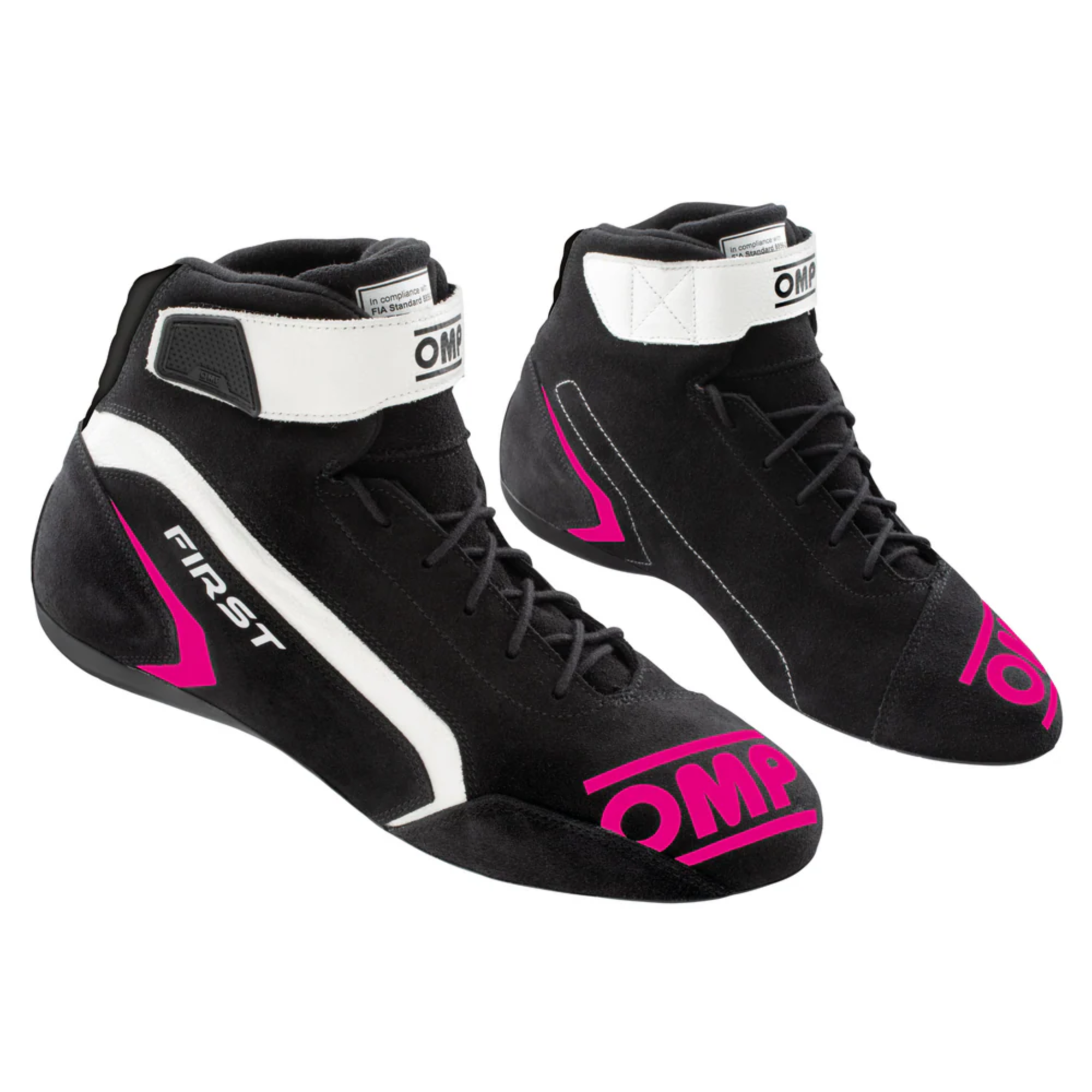The black and fuchsia OMP First v2 Racing Shoes.