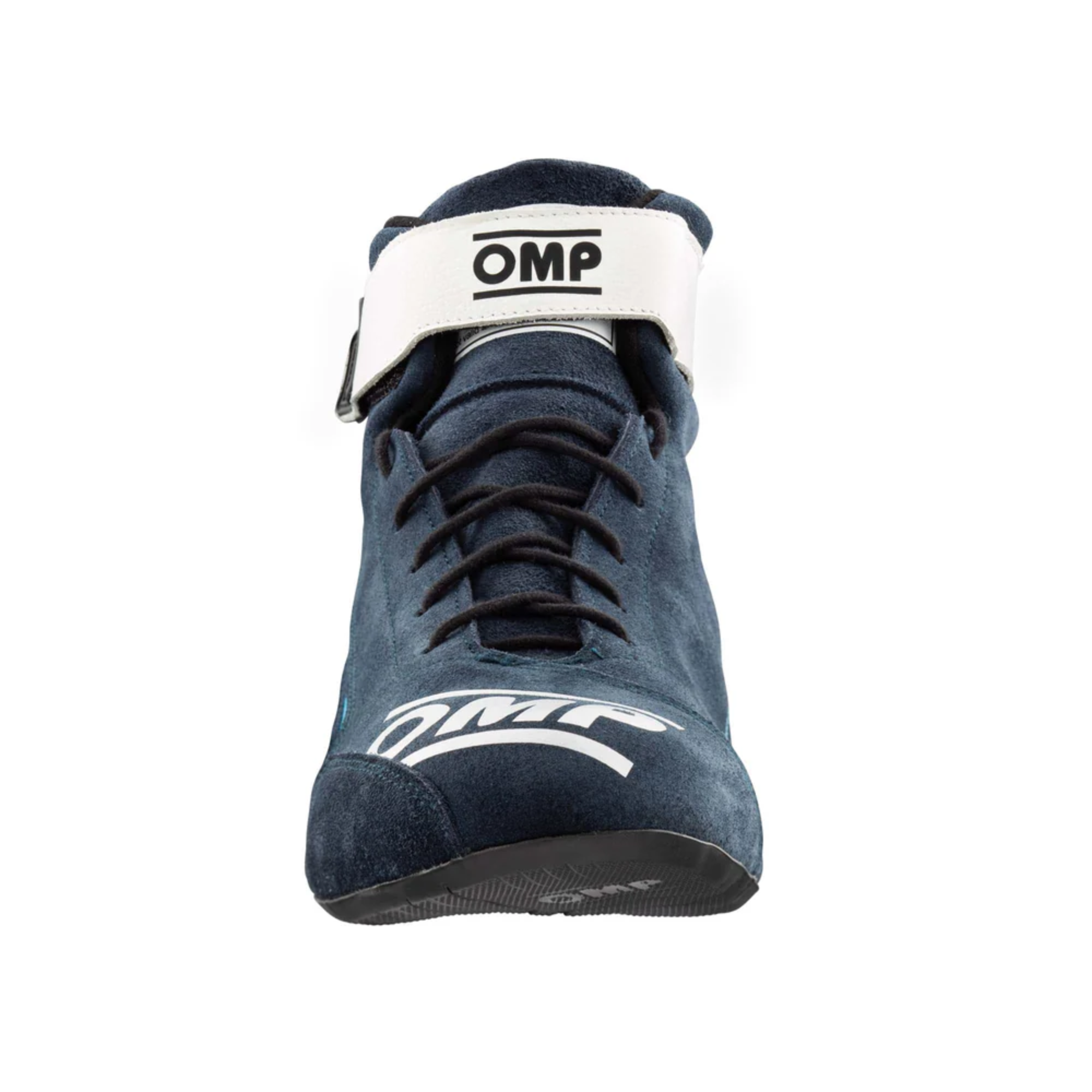 The navy and cyan OMP First v2 Racing Shoes from the front.