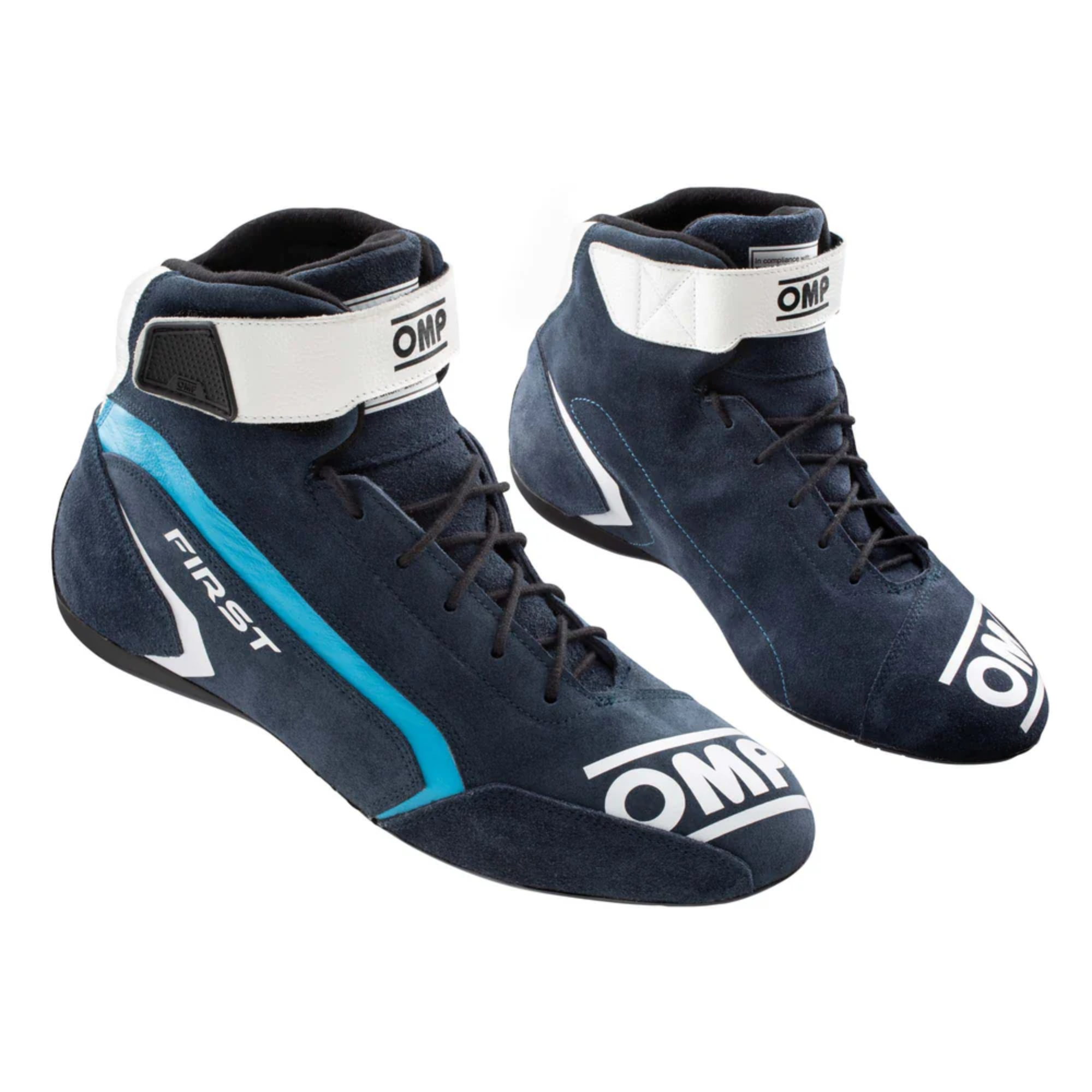 The navy and cyan OMP First v2 Racing Shoes.