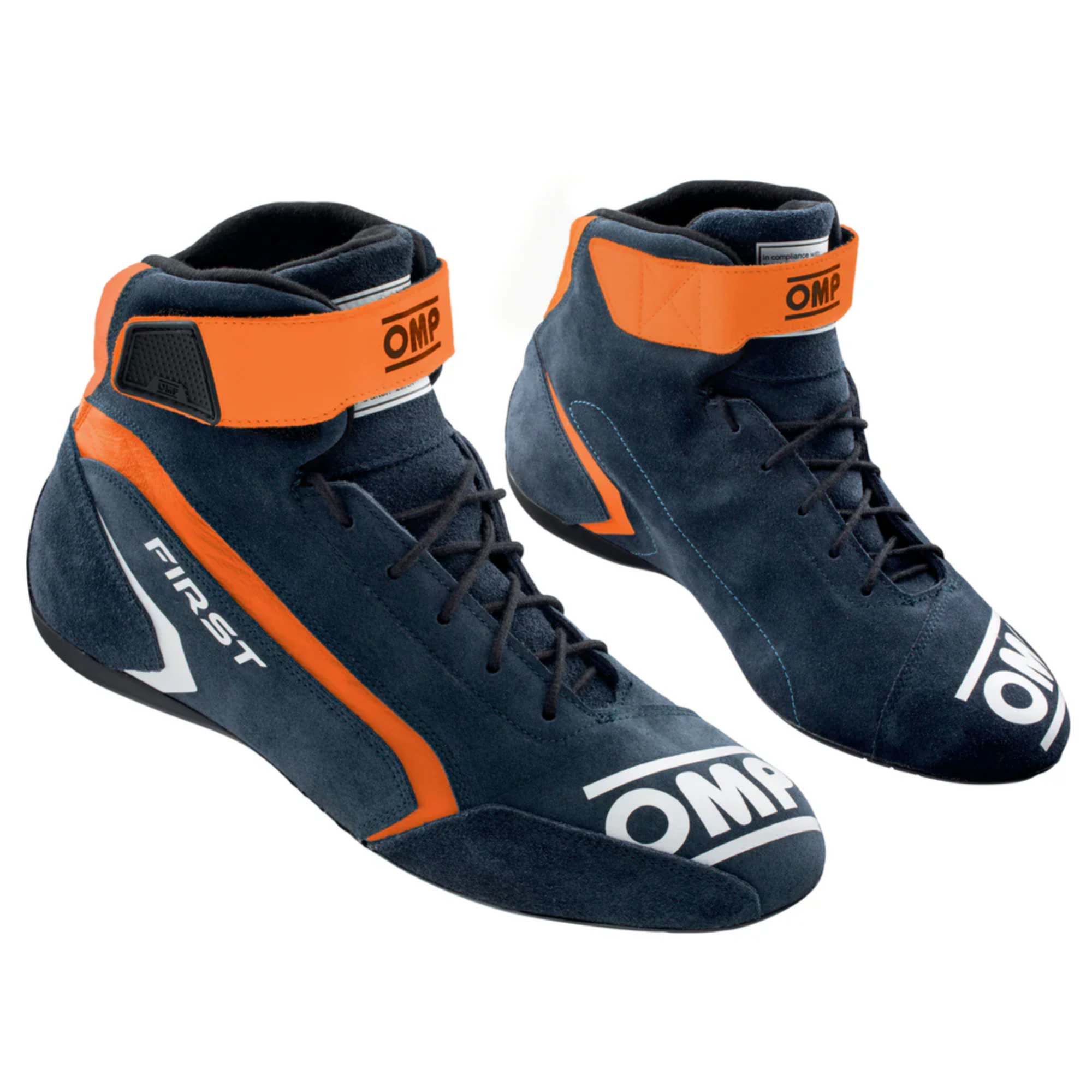 The navy and orange OMP First v2 Racing Shoes.