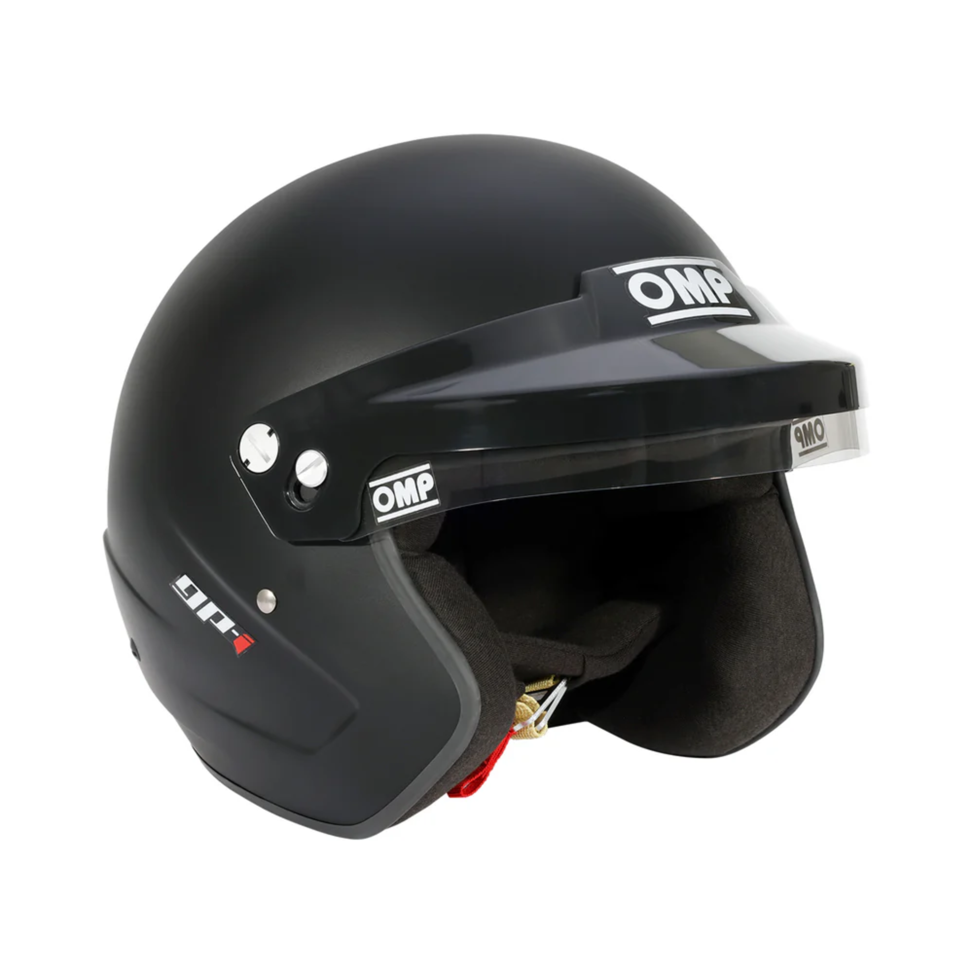 The flat black OMP GP-I Open Face Racing Helmet - SA2025 at an angle.