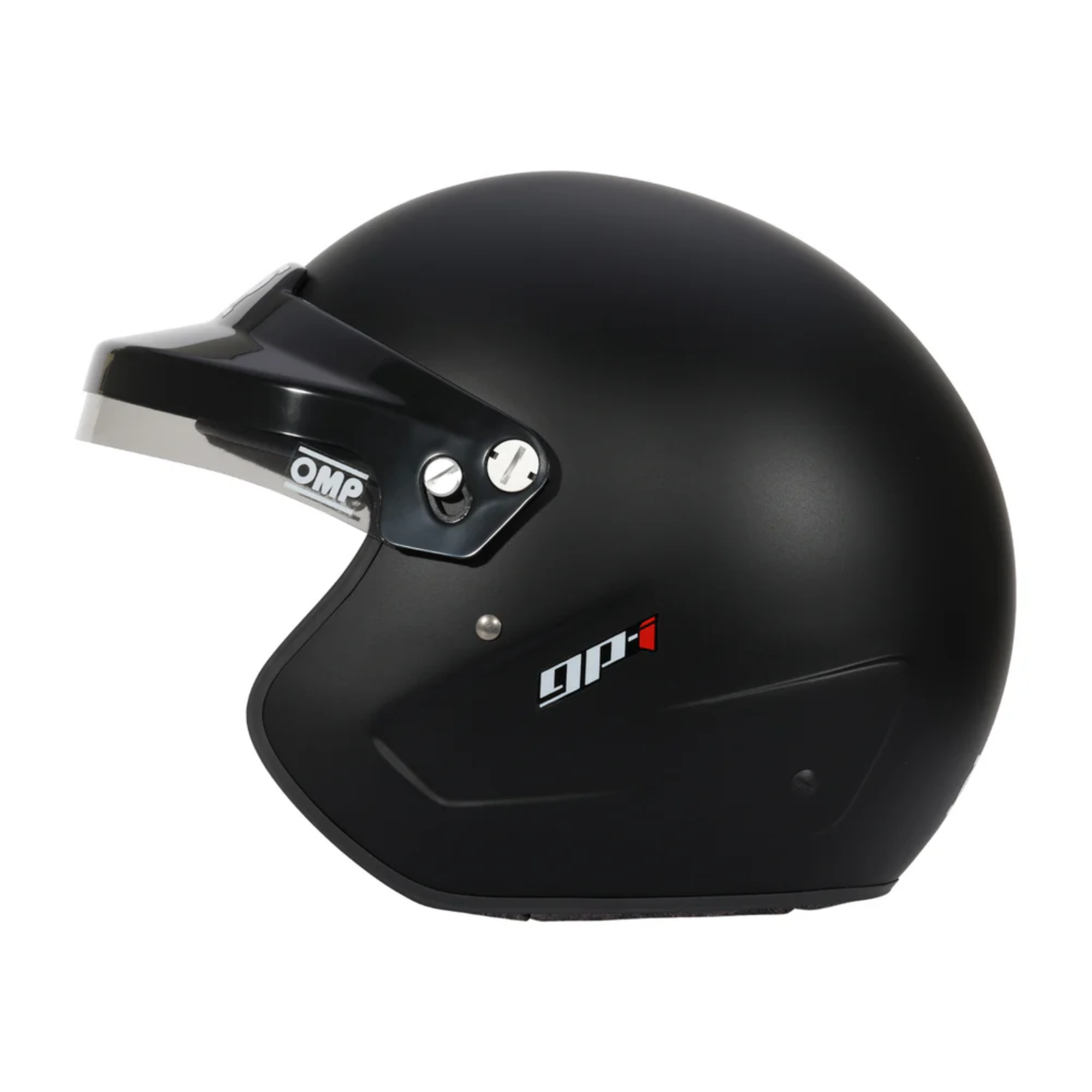 The side of the flat black OMP GP-I Open Face Racing Helmet - SA2025.