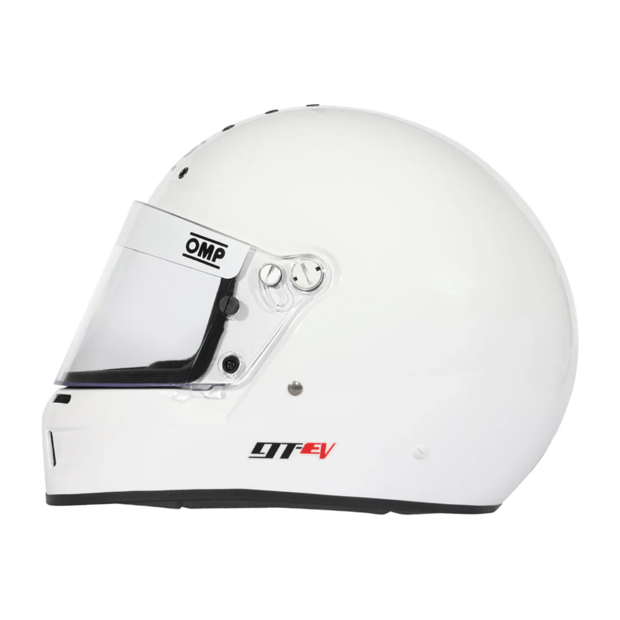 The side of the white OMP GT-EV Racing Helmet - SA2025.