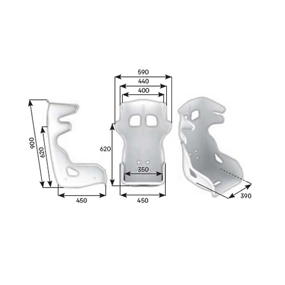 The dimensions of the OMP HTE Evo Carbon Racing Seat.
