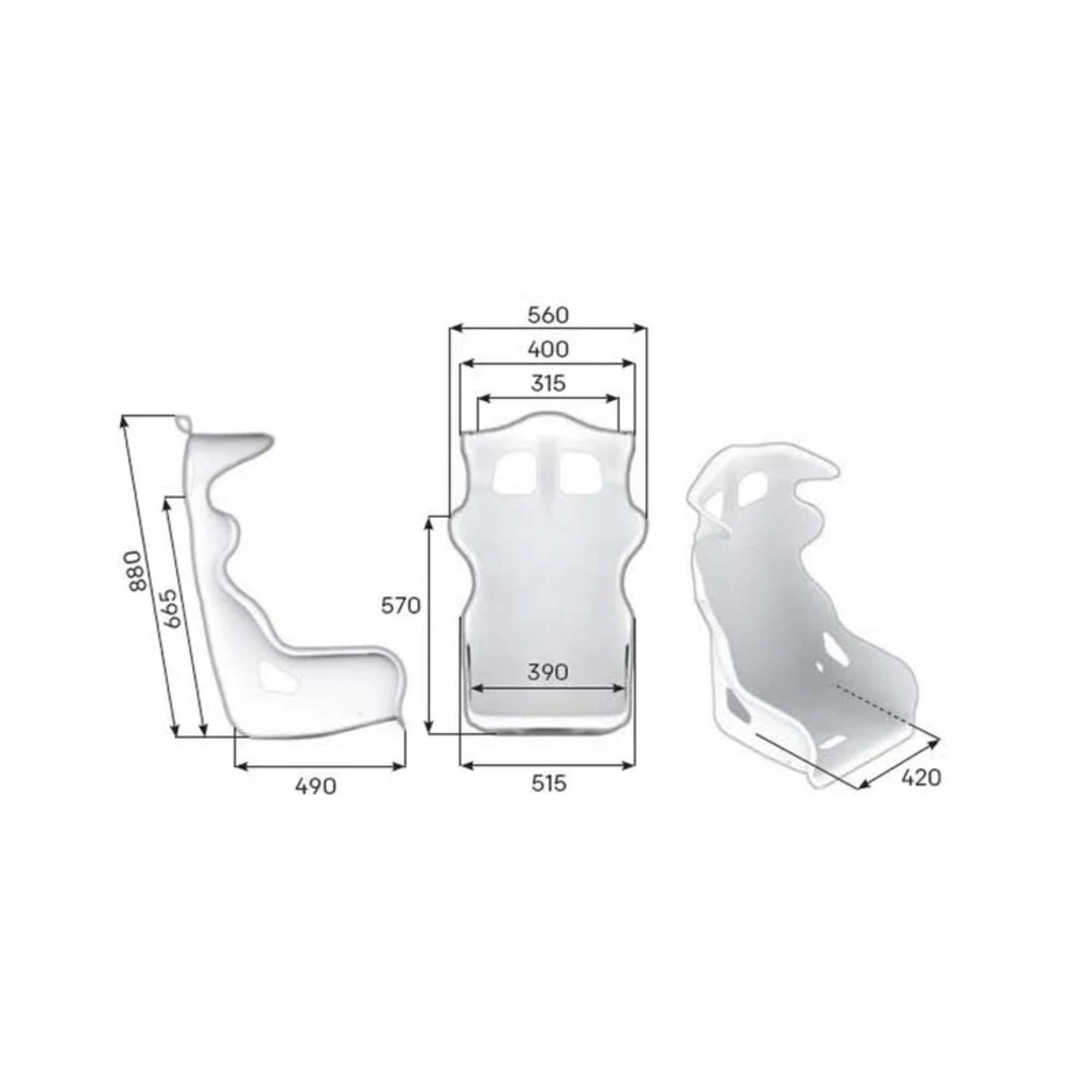 The dimensions for the OMP HTE-R 400 Racing Seat.