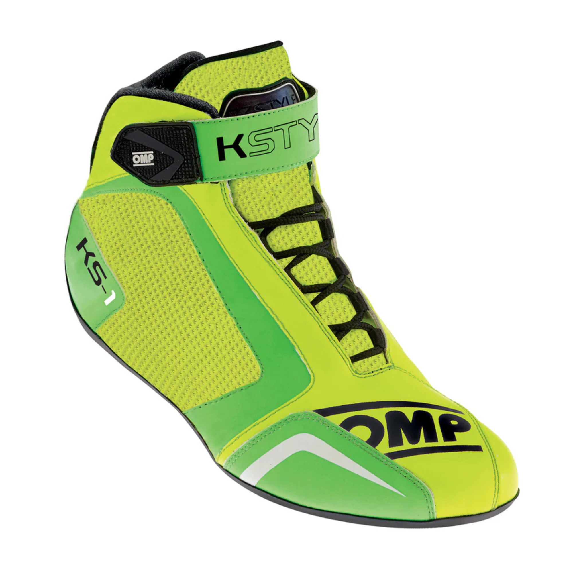 The yellow and green OMP KS-1 Karting Shoes from OMP.
