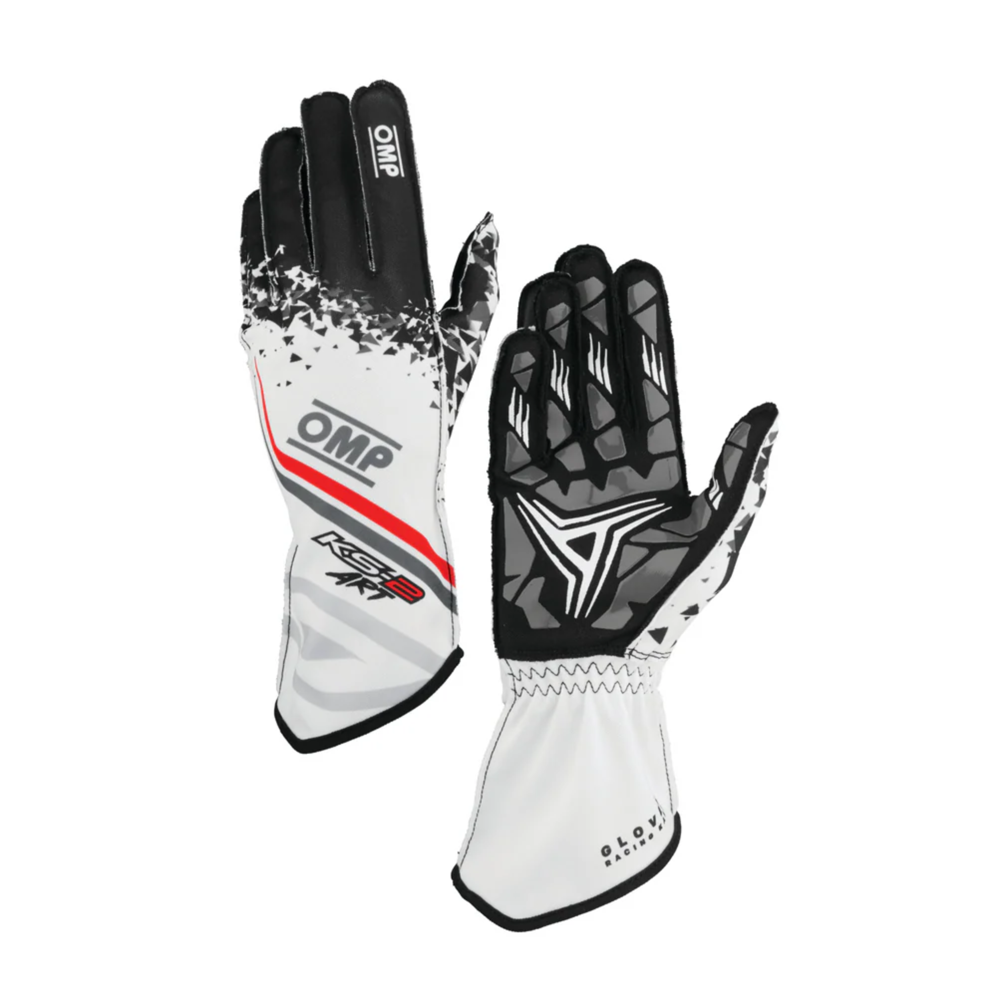 The white, black and red OMP KS-2 Art Karting Gloves.