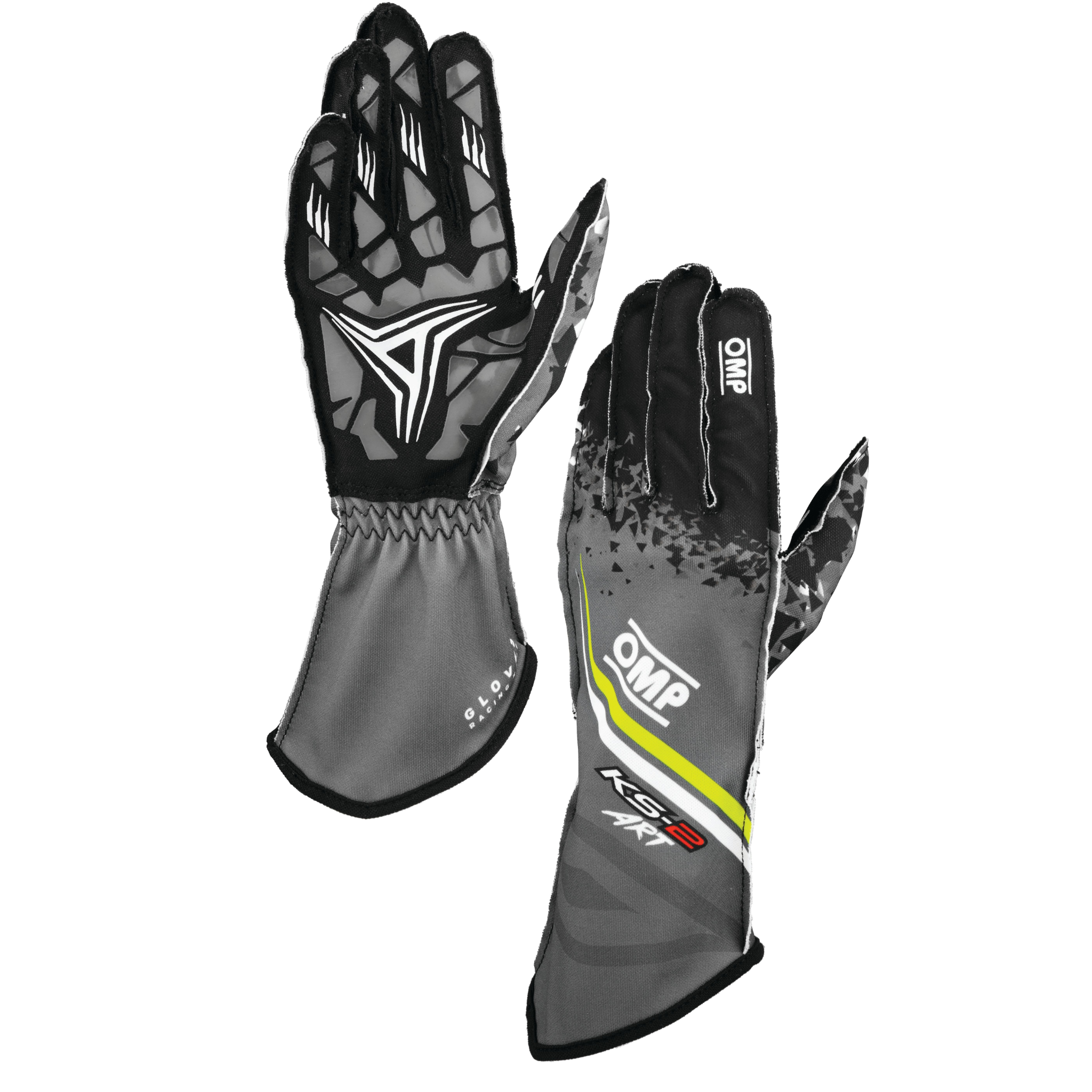 The anthracite and yellow OMP KS-2 Art Youth Karting Gloves.