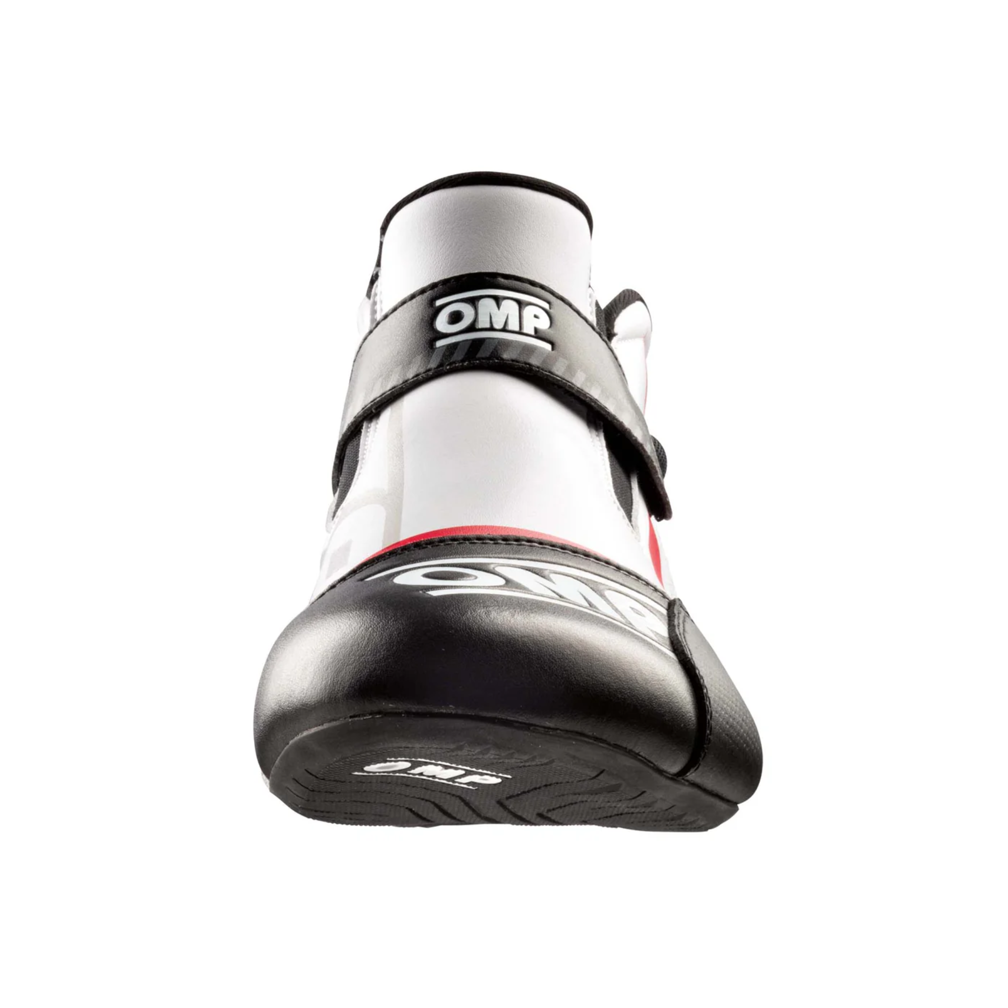 The white and black OMP KS-2 v2 Karting Shoes from the front.