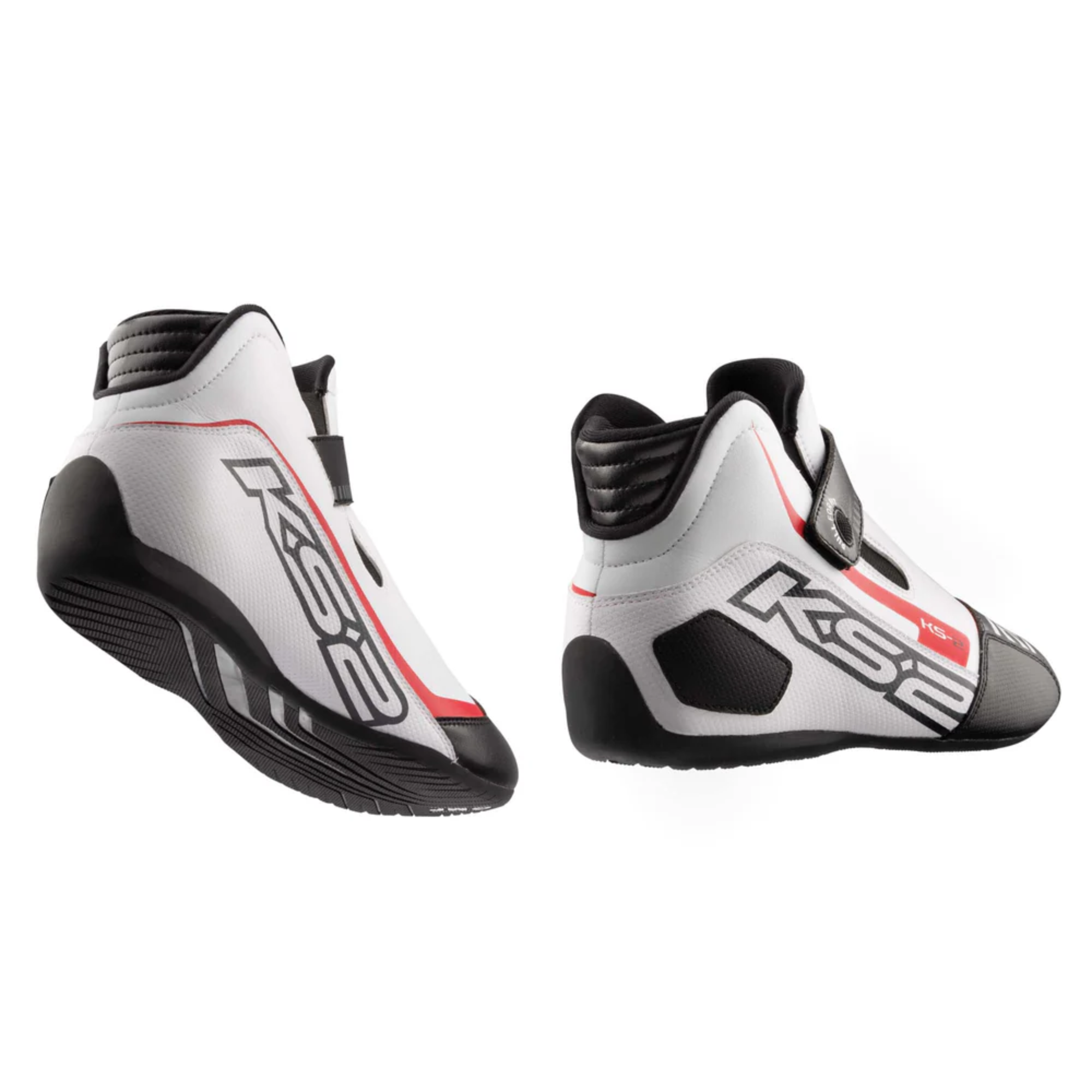 The white and black OMP KS-2 v2 Karting Shoes showing the heel at an angle and the sole.