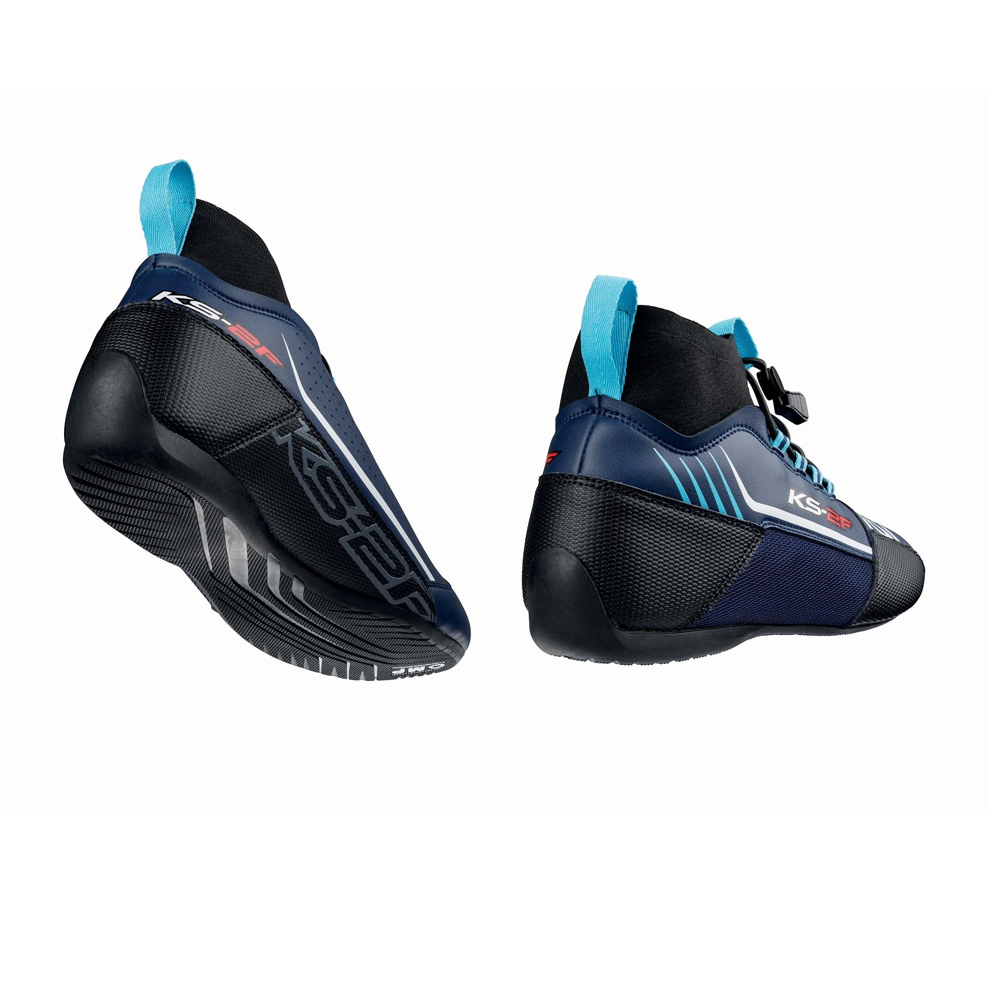 The navy and cyan OMP KS-2F Karting Shoes showing the heel and sole of the shoes.