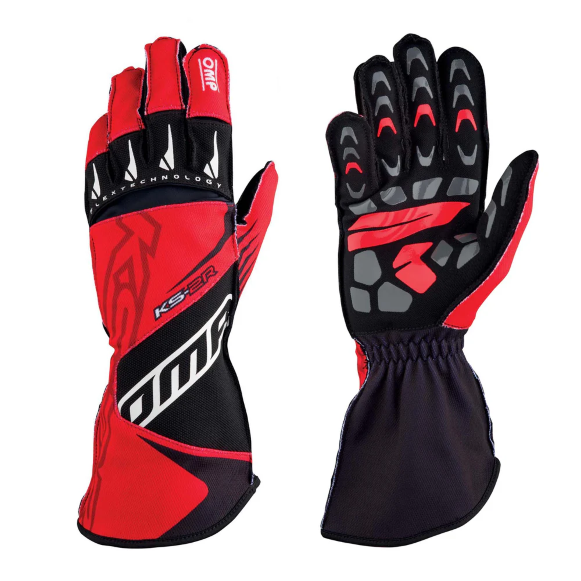 The red and black OMP KS-2R Karting Gloves.