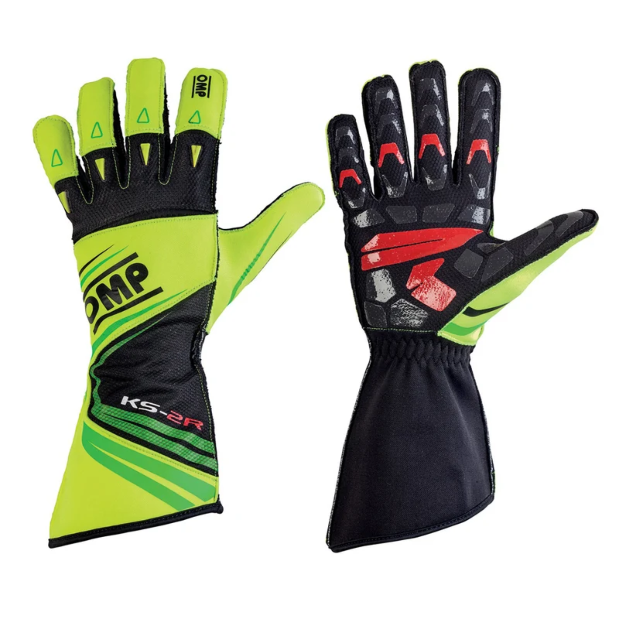 The yellow and green OMP KS-2R Youth Karting Gloves - 2021 Model.