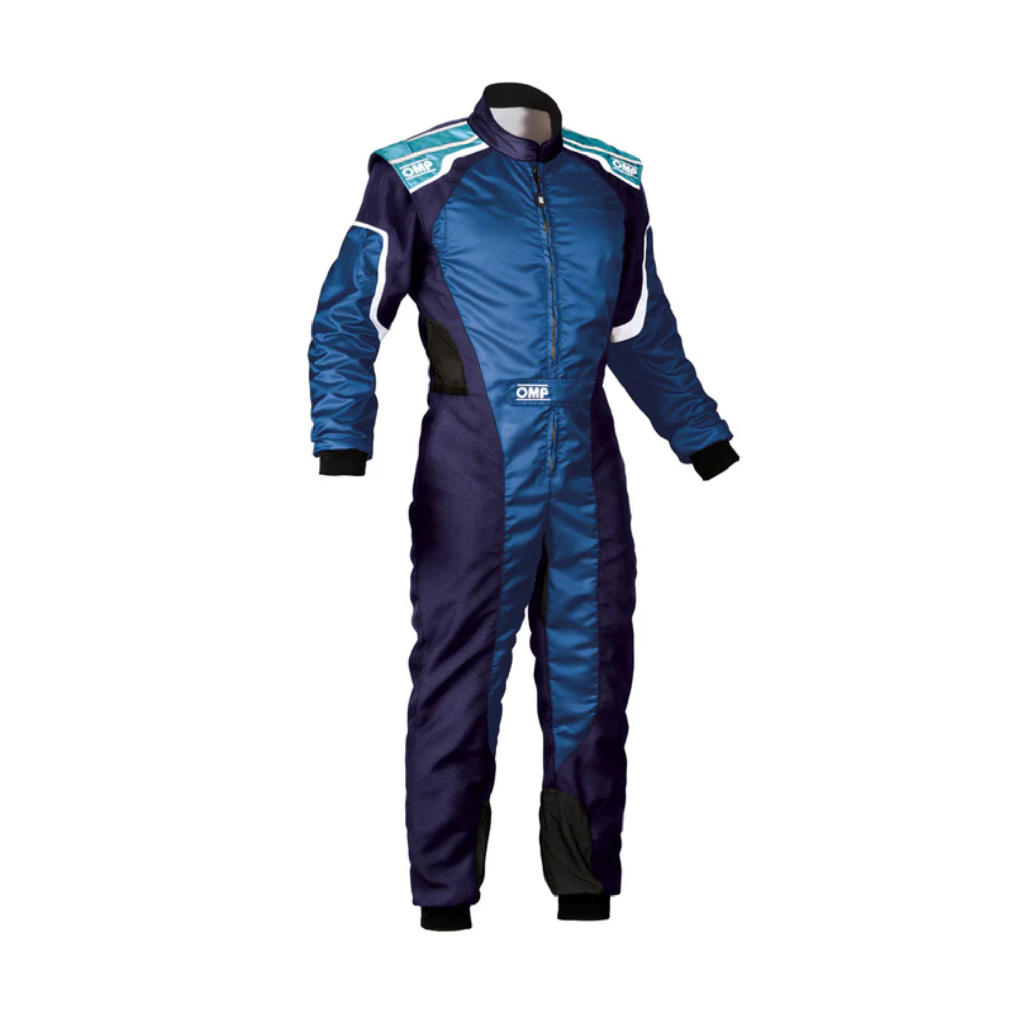 The black and cyan OMP KS-3 Youth Kart Racing Suit.