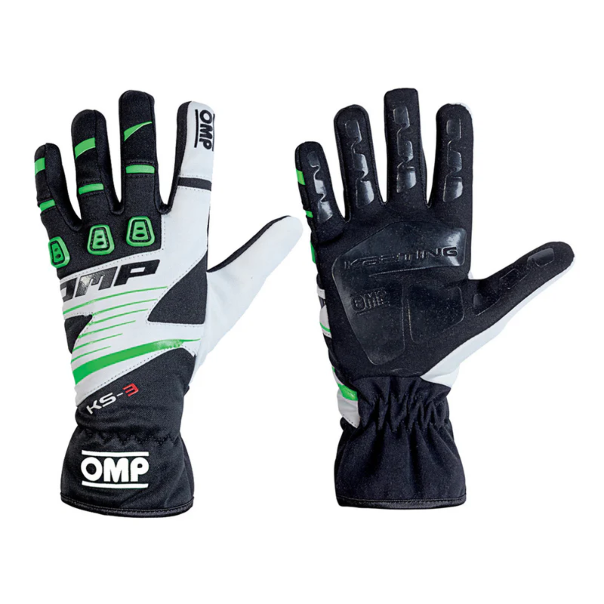 The black, green and white OMP KS-3 Youth Karting Gloves.
