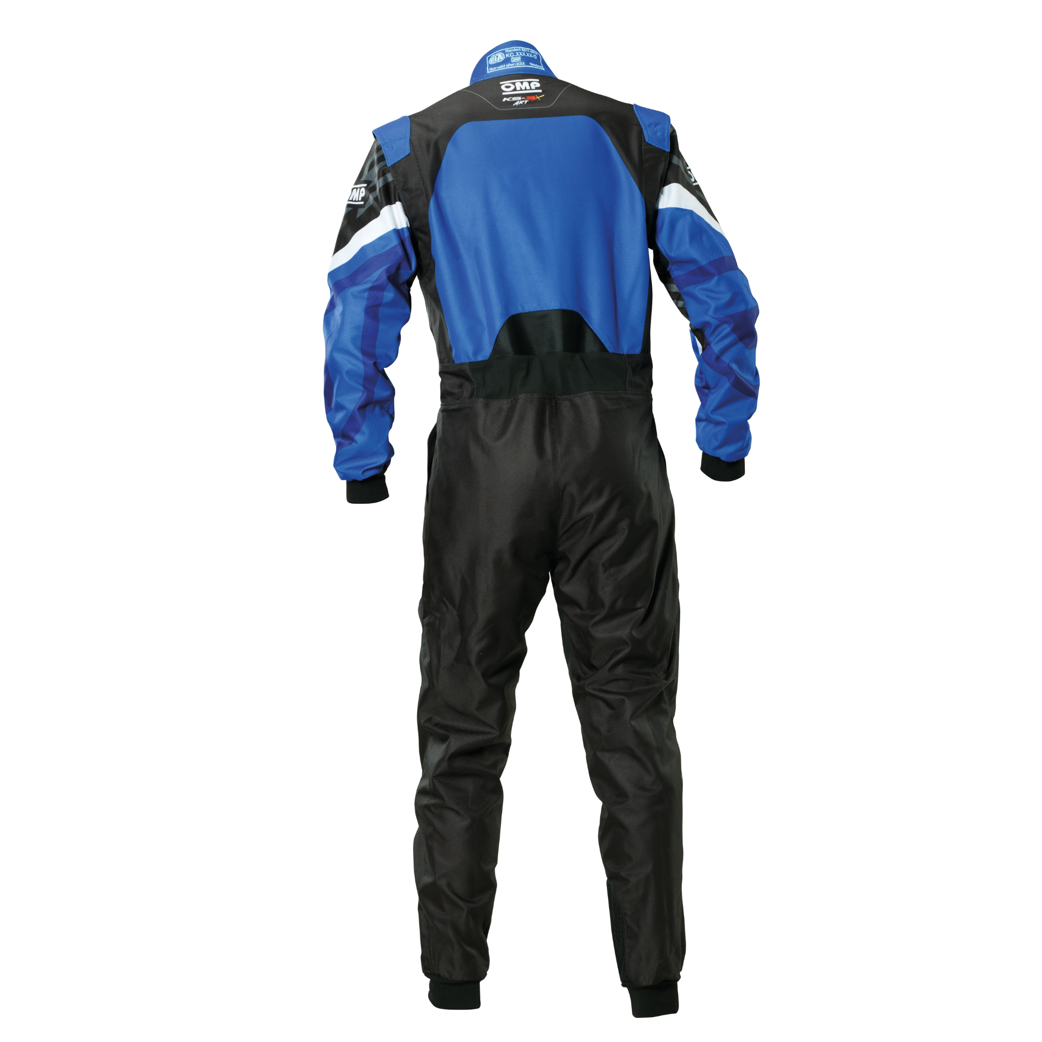 The back of the black and blue OMP KS-3X Art Kart Racing Suit.
