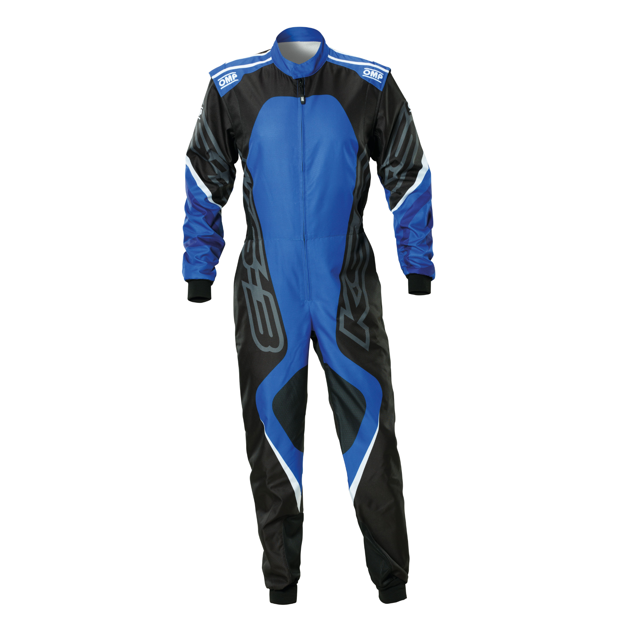 The front of the black and blue OMP KS-3X Art Kart Racing Suit.
