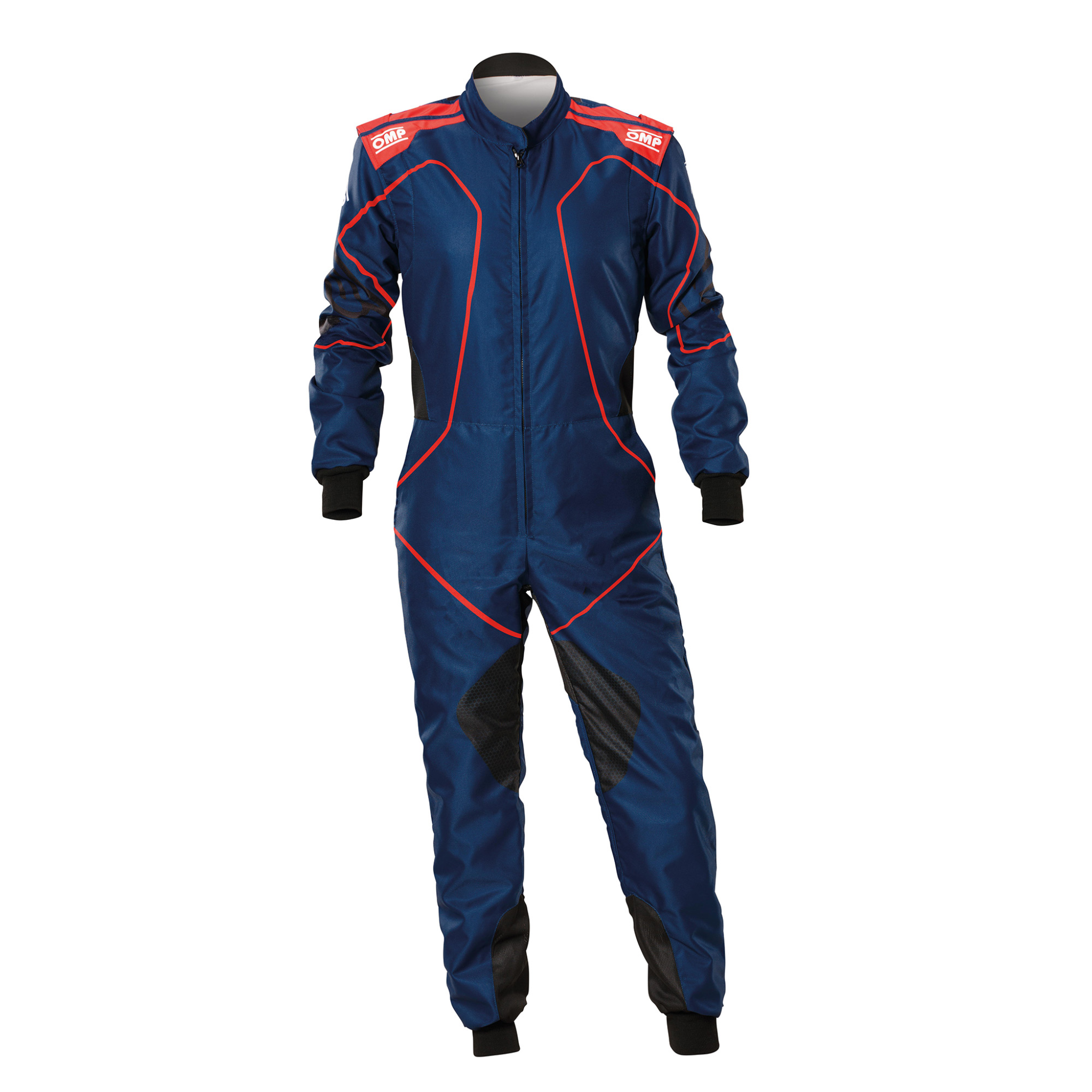 The front of the blue and red OMP KS-3X Art Style-2 Kart Racing Suit.