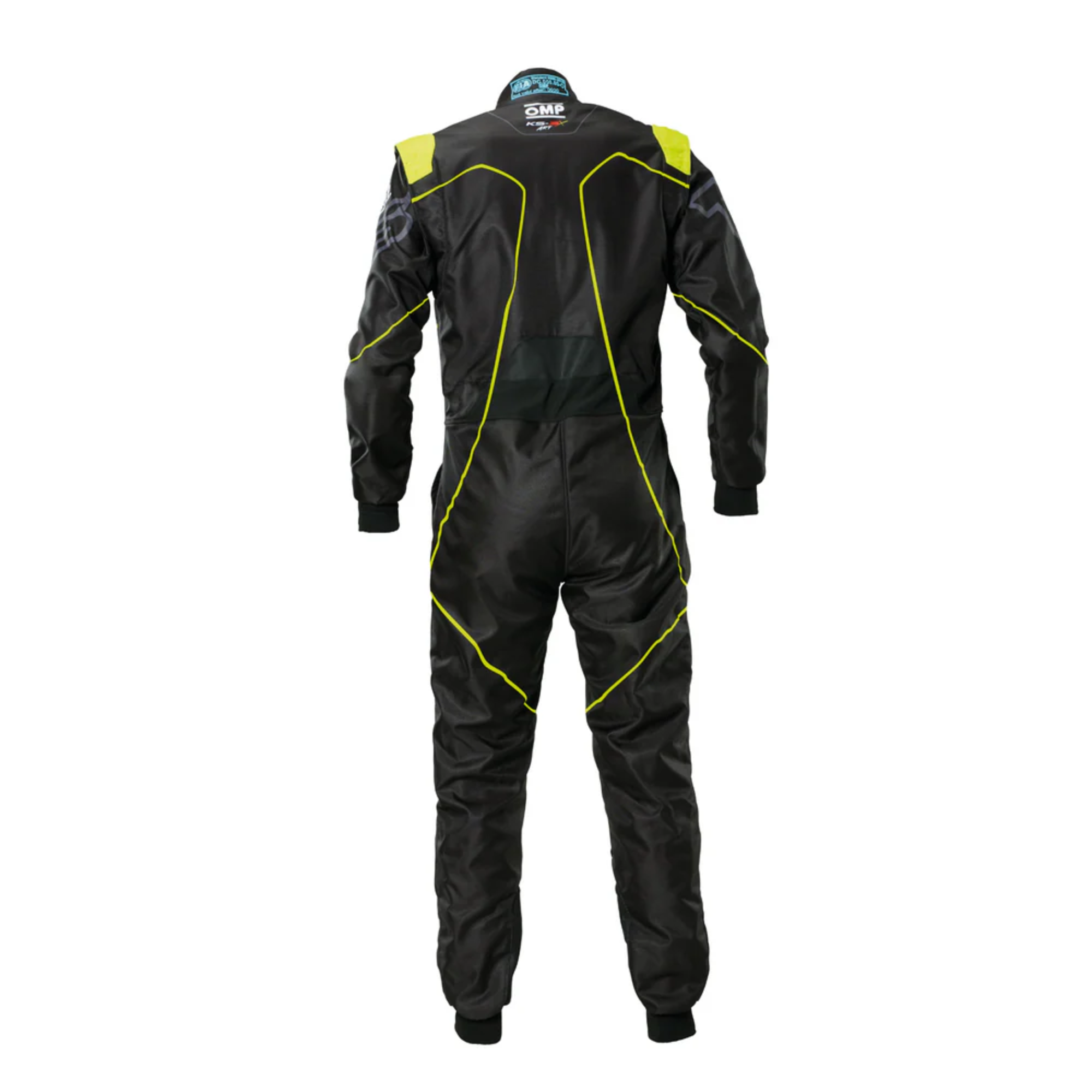 The back of the black and yellow OMP KS-3X Art Style-2 Youth Kart Racing Suit from OMP.