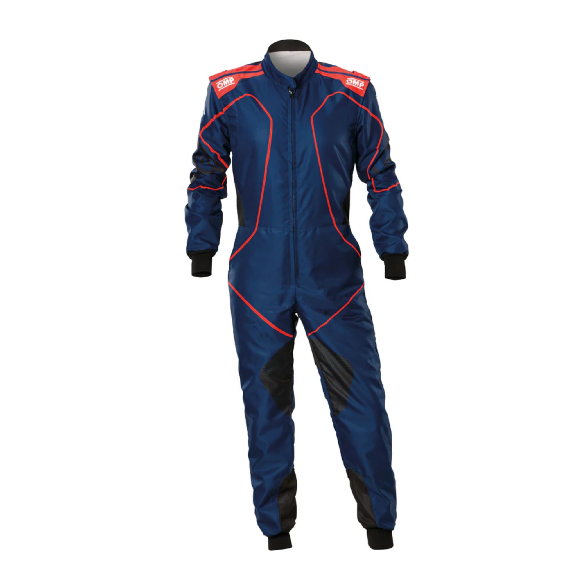 The front of the blue and red OMP KS-3X Art Style-2 Youth Kart Racing Suit from OMP.