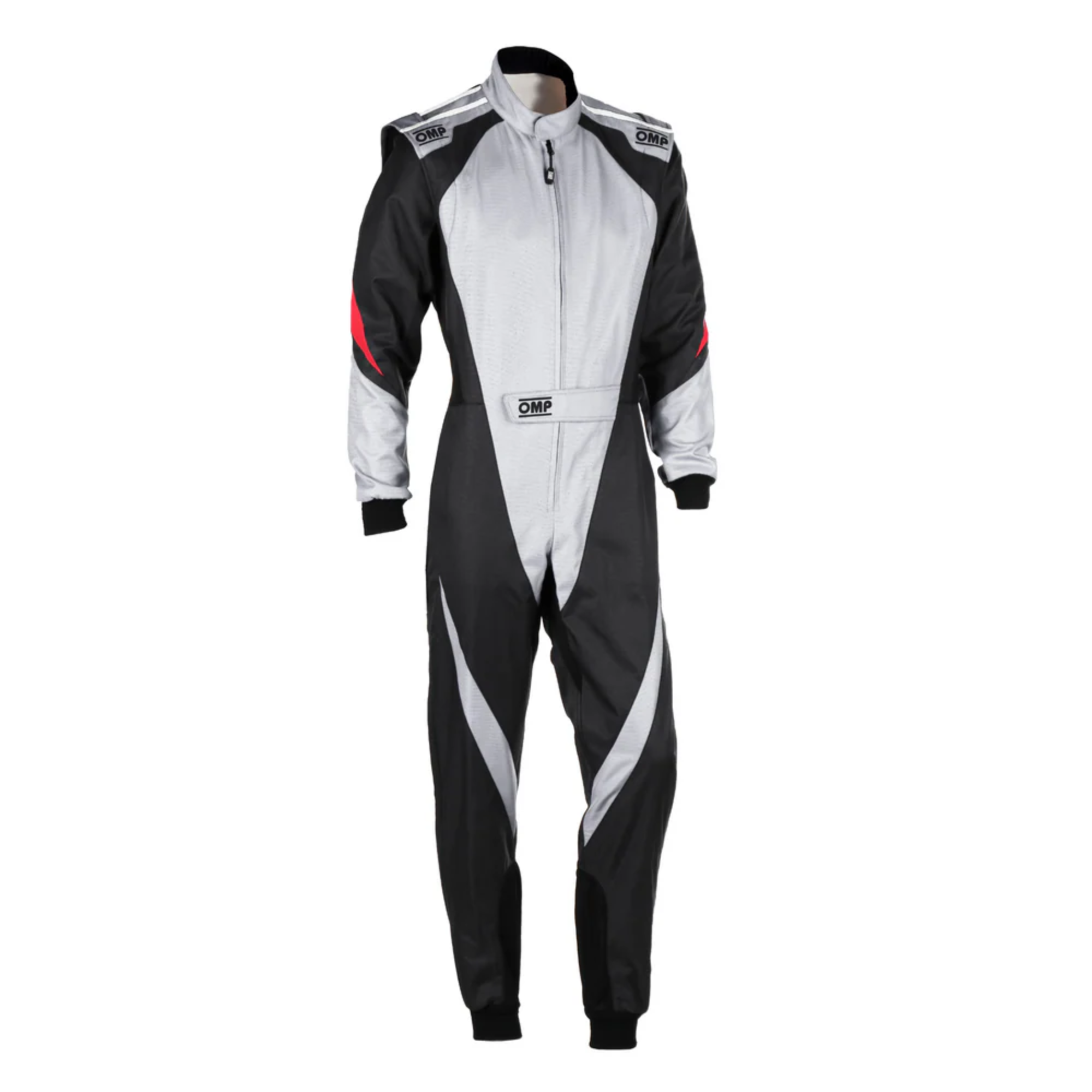 The front of the grey and black OMP KS-3X Kart Racing Suit.