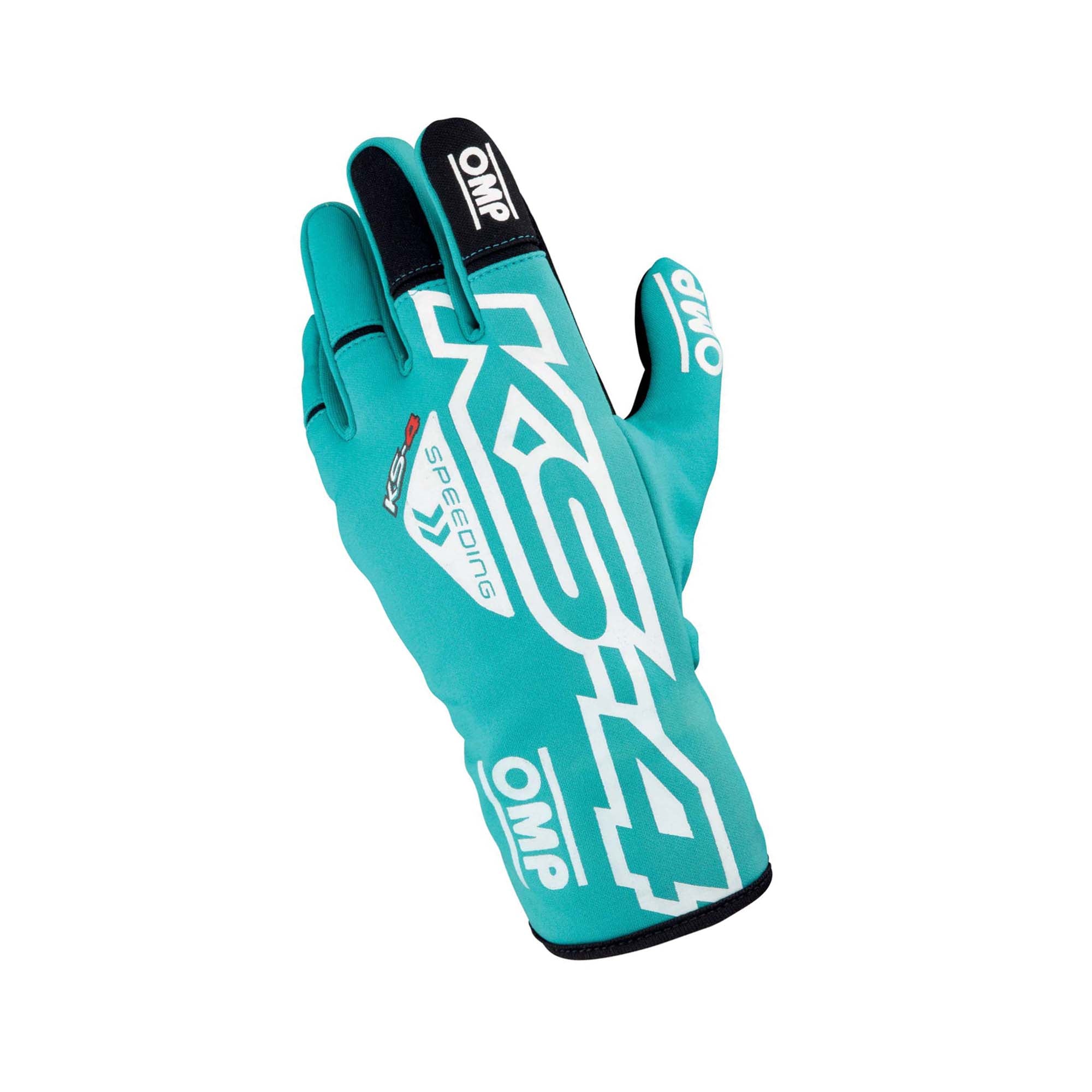 A single cyan OMP KS-4 Youth Karting Glove.