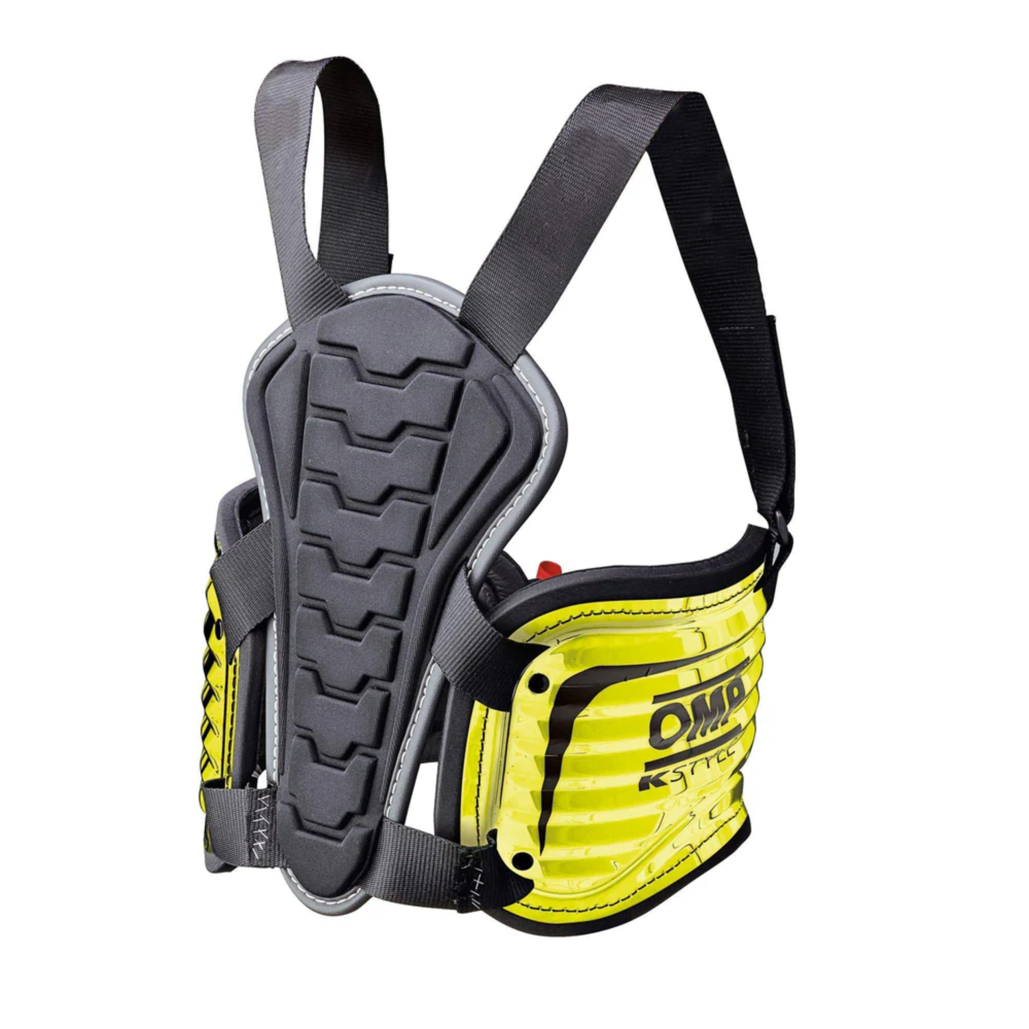 The back of the yellow OMP KS Body Protection Vest.