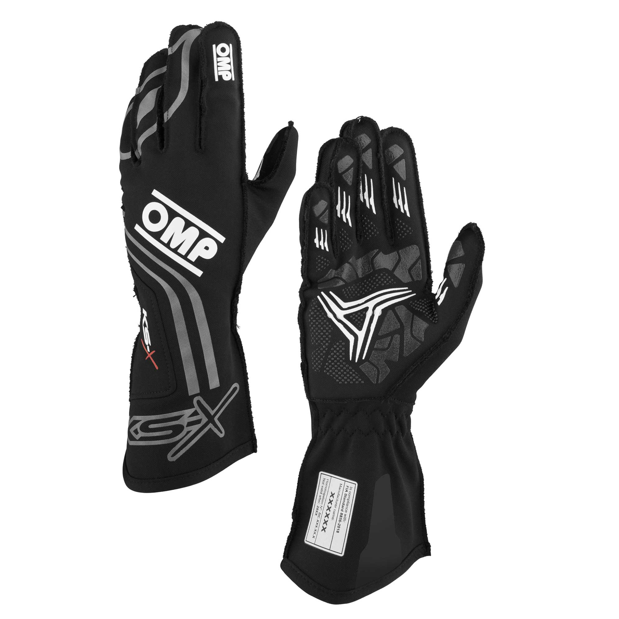 A pair of the black OMP KS-X Karting Gloves showing the back and the palm.