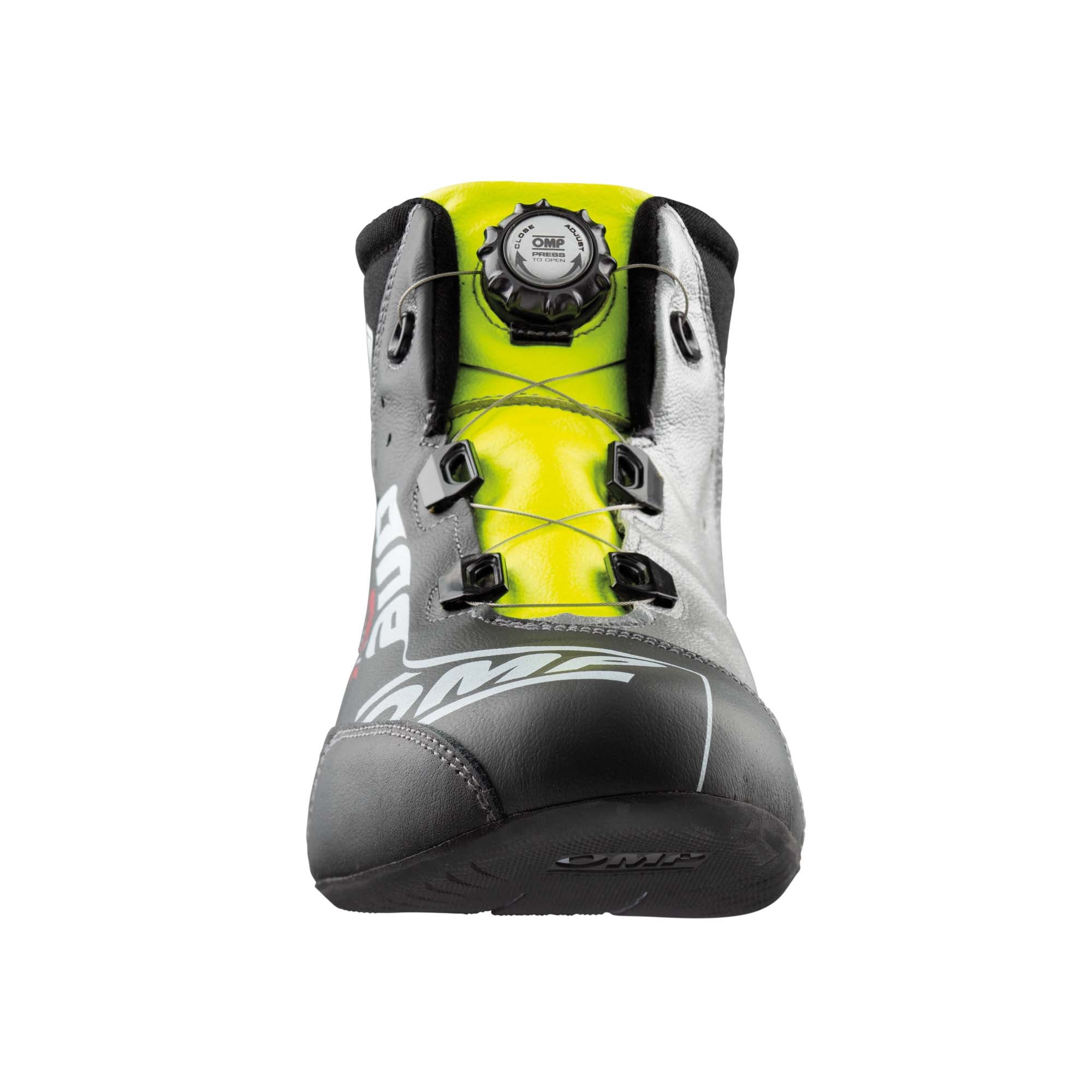 The black, silver and yellow OMP One Evo X R Racing Shoes highlighting the toe area.