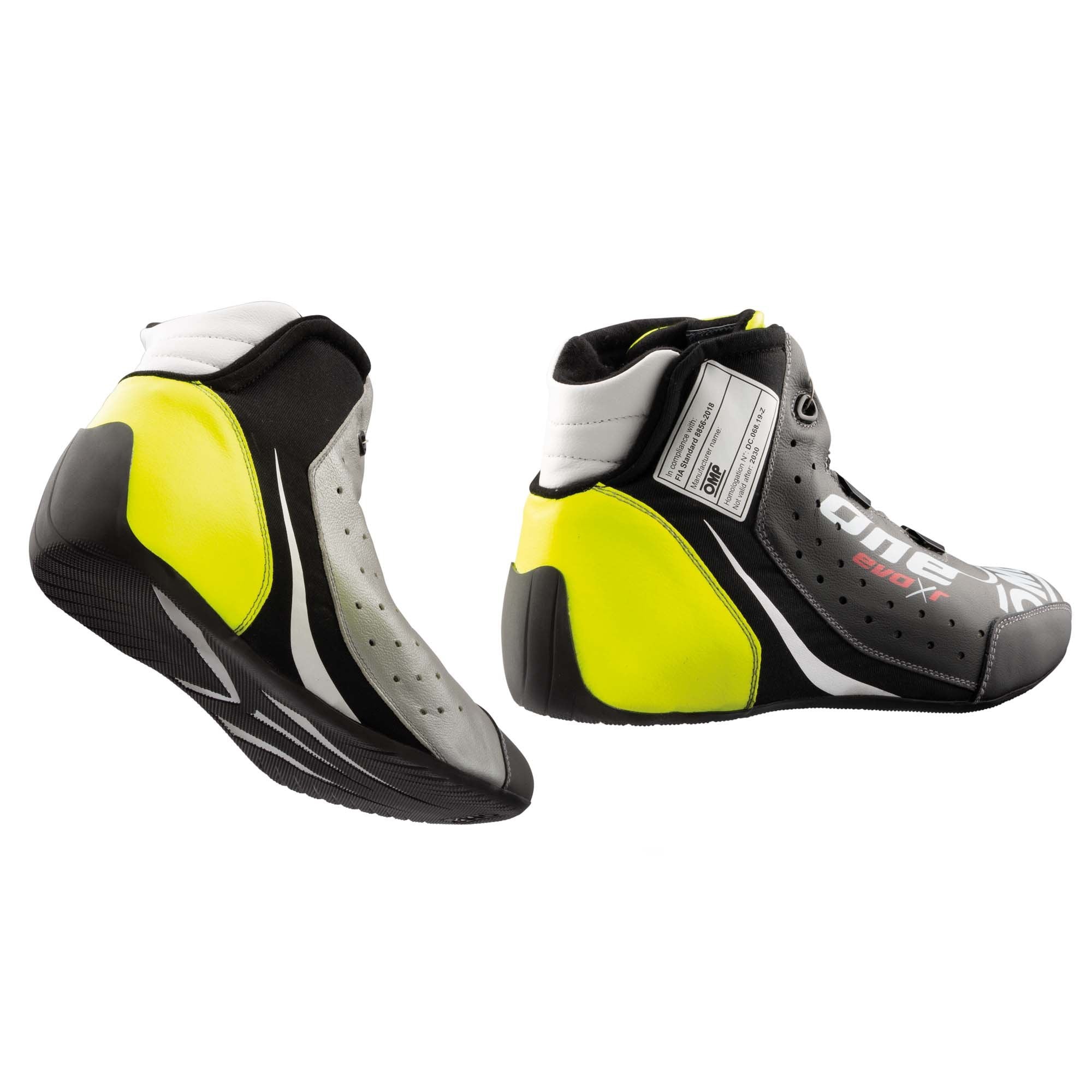 The black, silver and yellow OMP One Evo X R Racing Shoes showing the heel and sole.