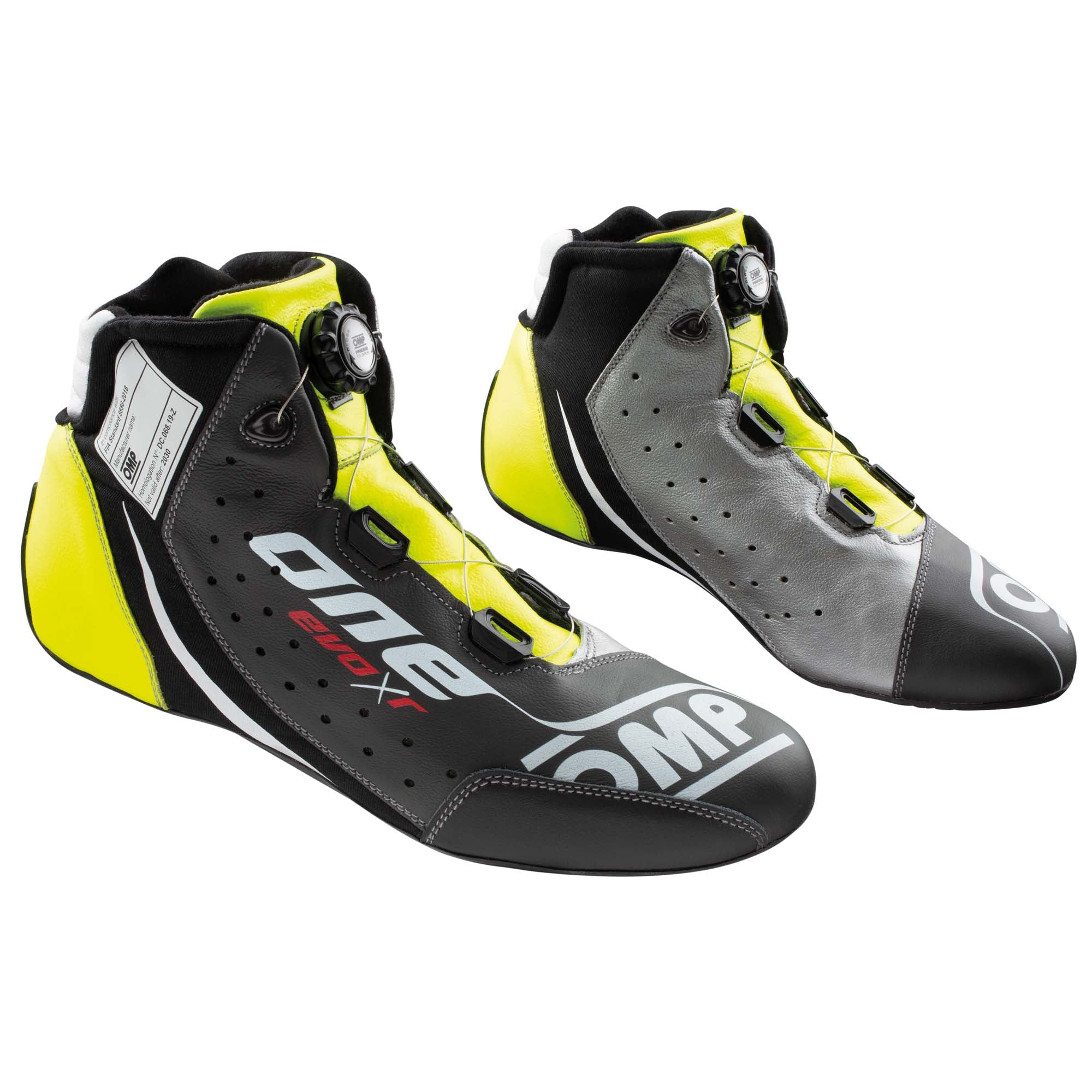 The black, silver and yellow OMP One Evo X R Racing Shoes.