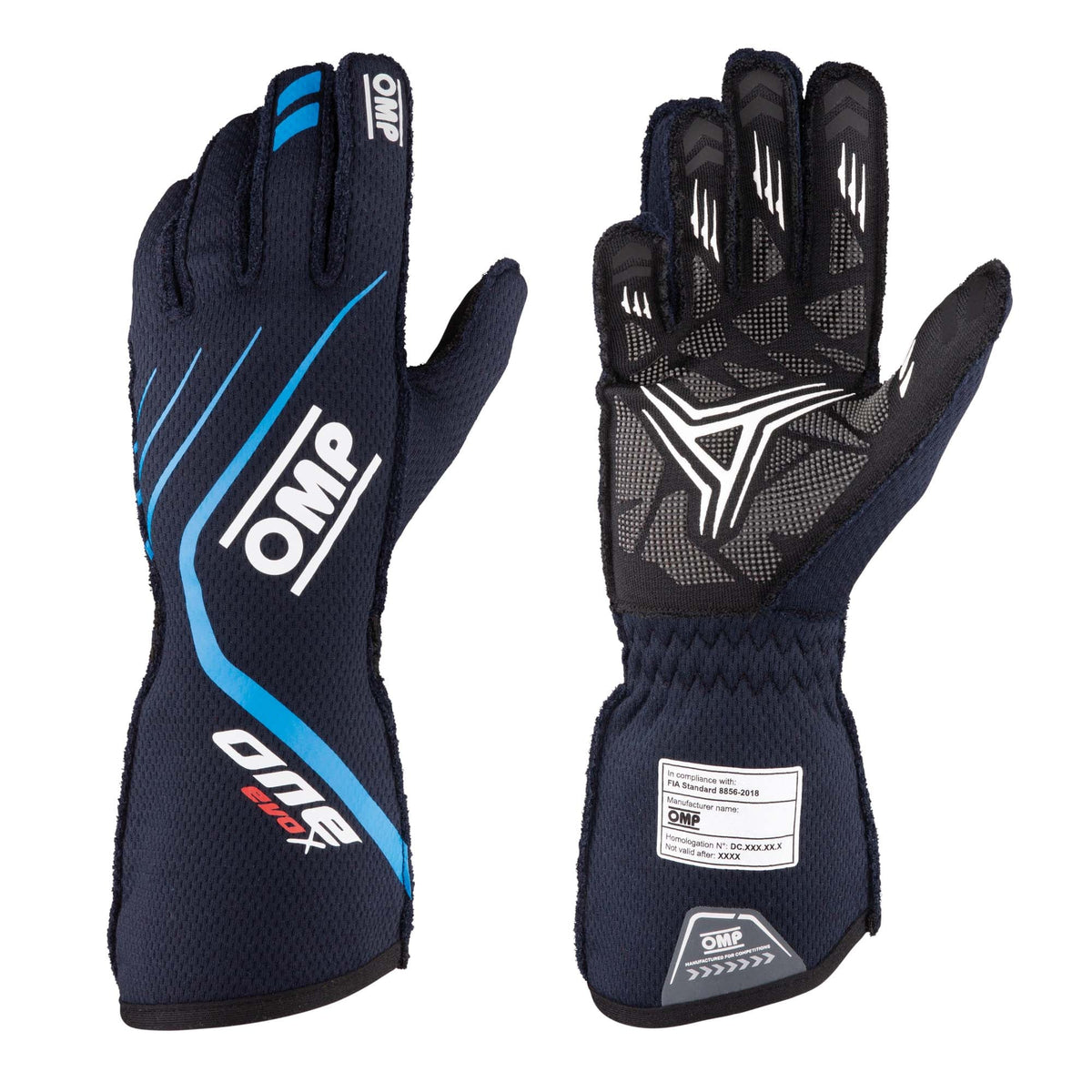 The 2023 Model navy and cyan OMP One Evo X Racing Gloves.