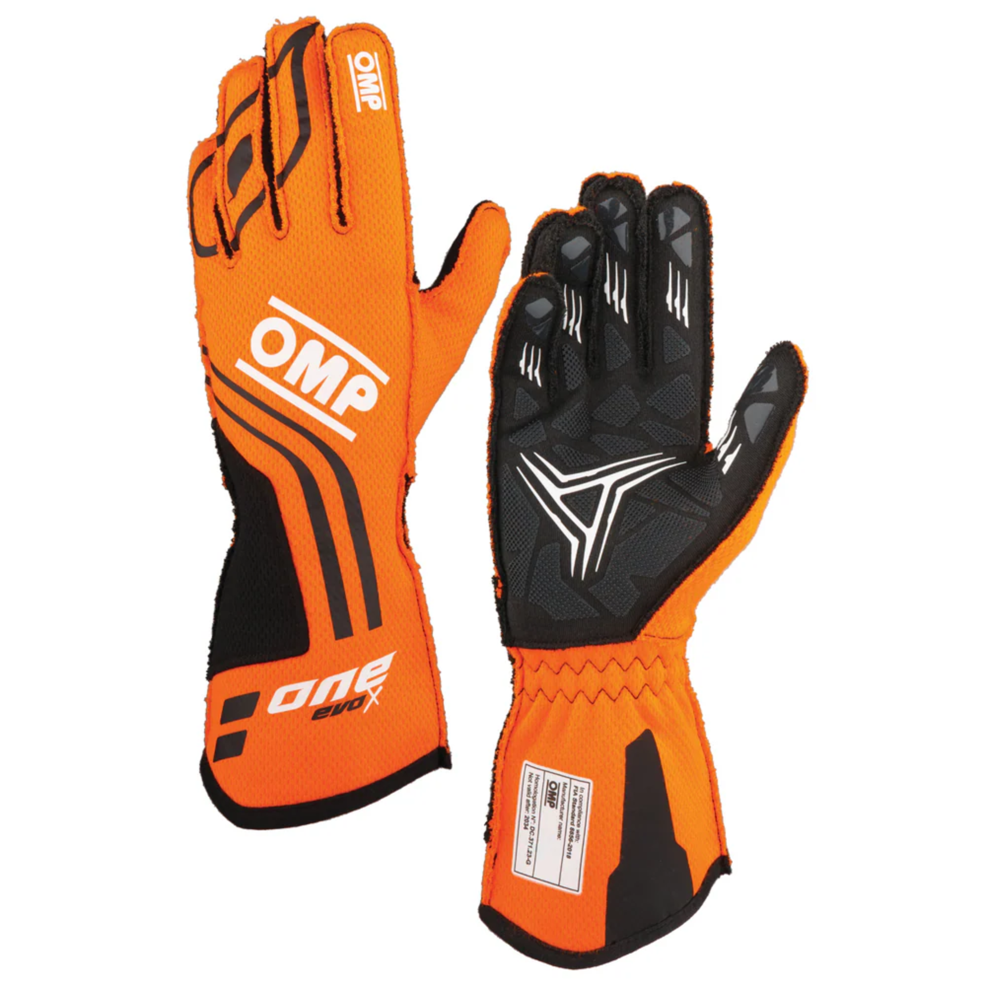 The orange and black OMP One Evo X Racing Gloves.