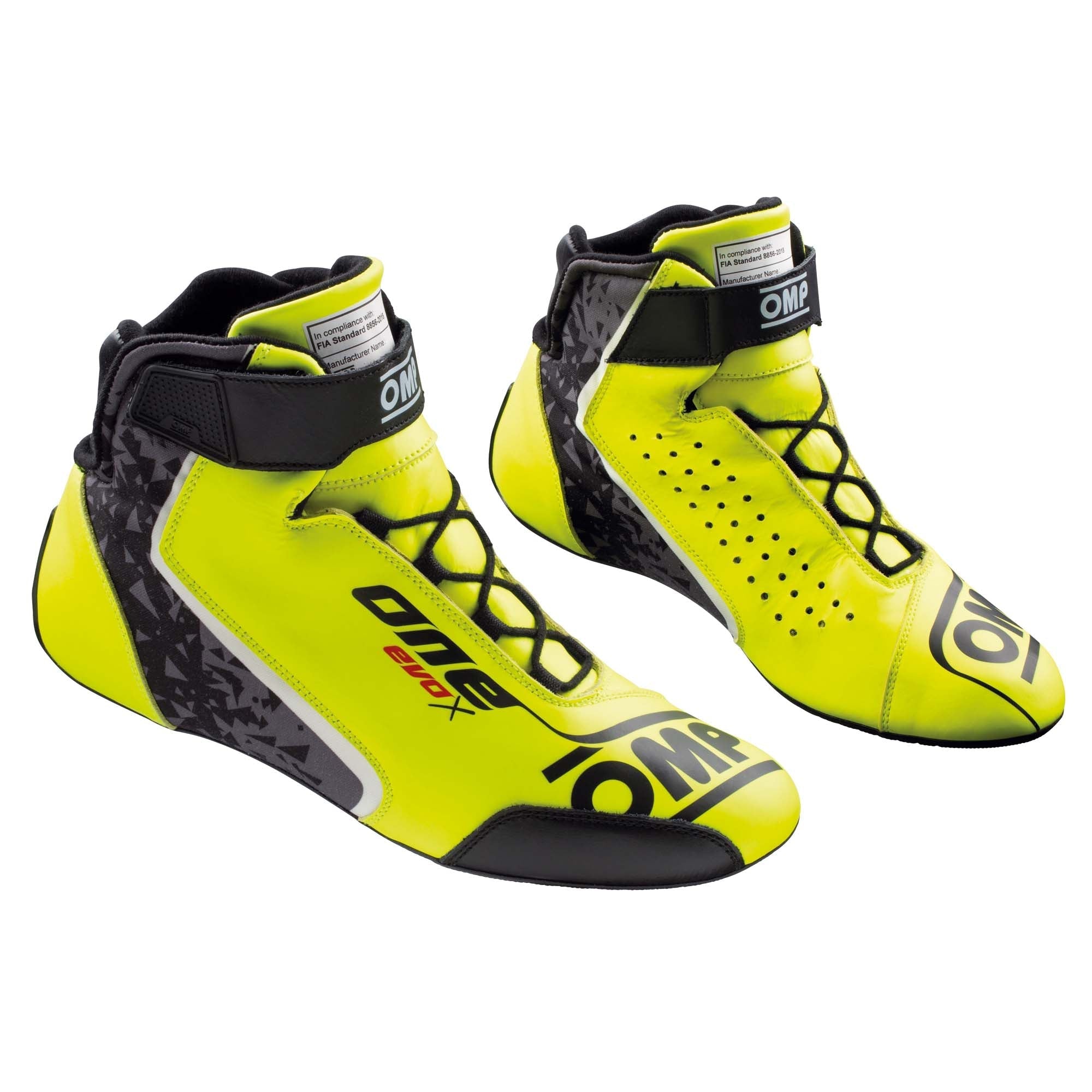The yellow OMP One Evo X v1 Racing Shoes shown as a pair.