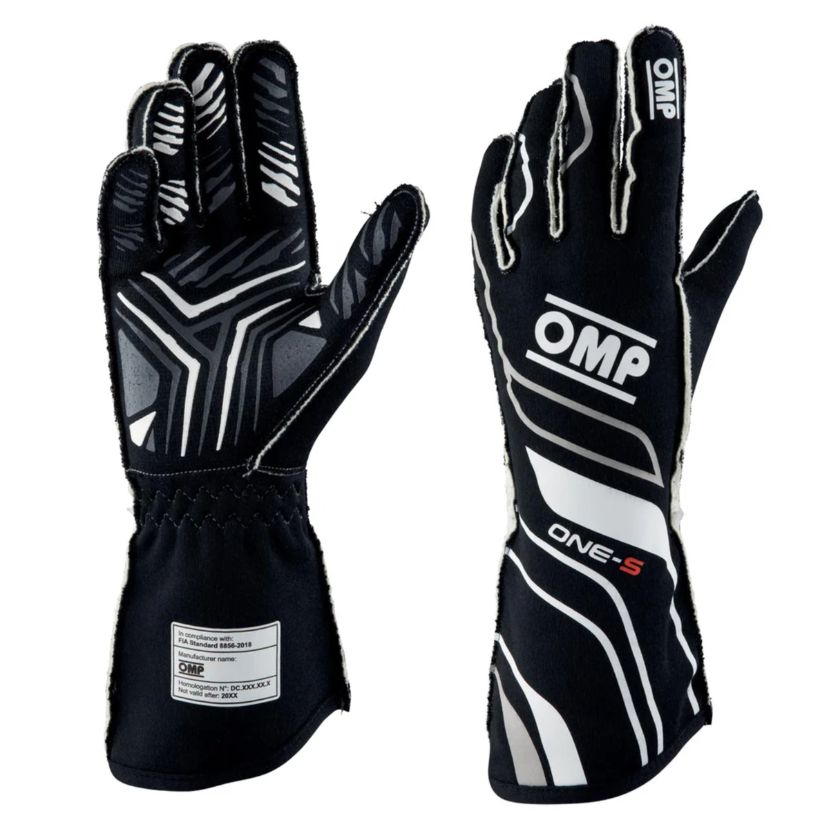 The 2024 model FIA 8856-2018 homologated black and white OMP One-S Racing Gloves.