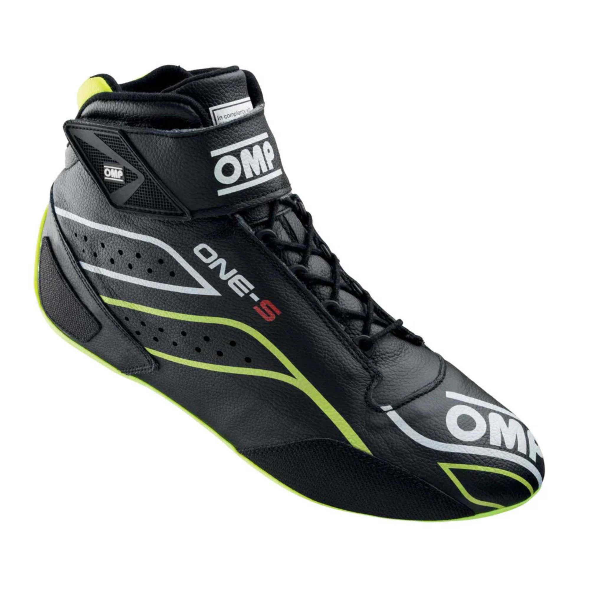 The black and yellow OMP One-S Racing Shoes.