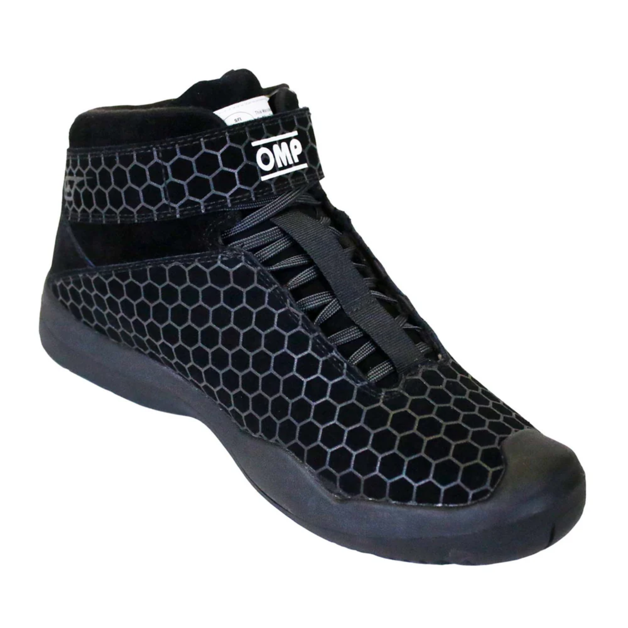 The black high top OMP Pit Crew Shoes - SFI 3.3/5 from the side.