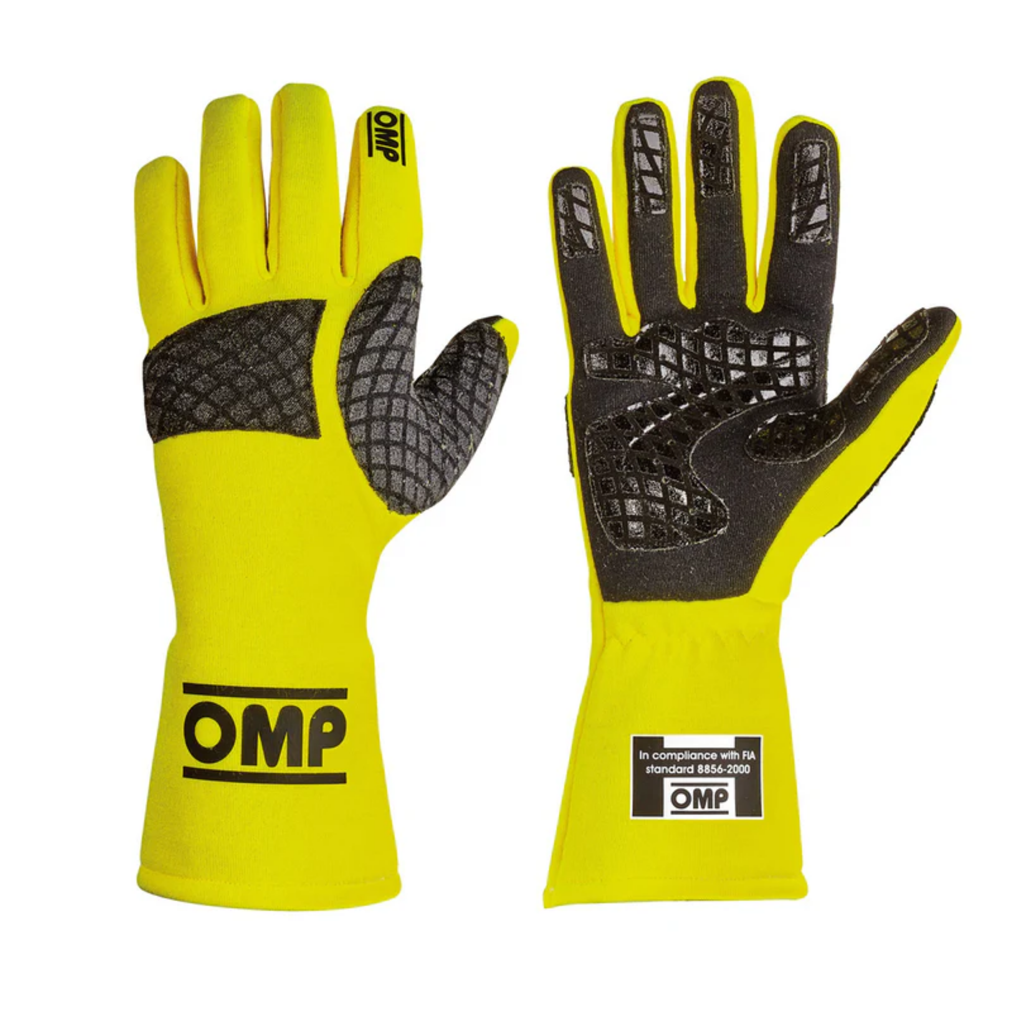 The yellow OMP Pro Mech Gloves showing the back and the palm.