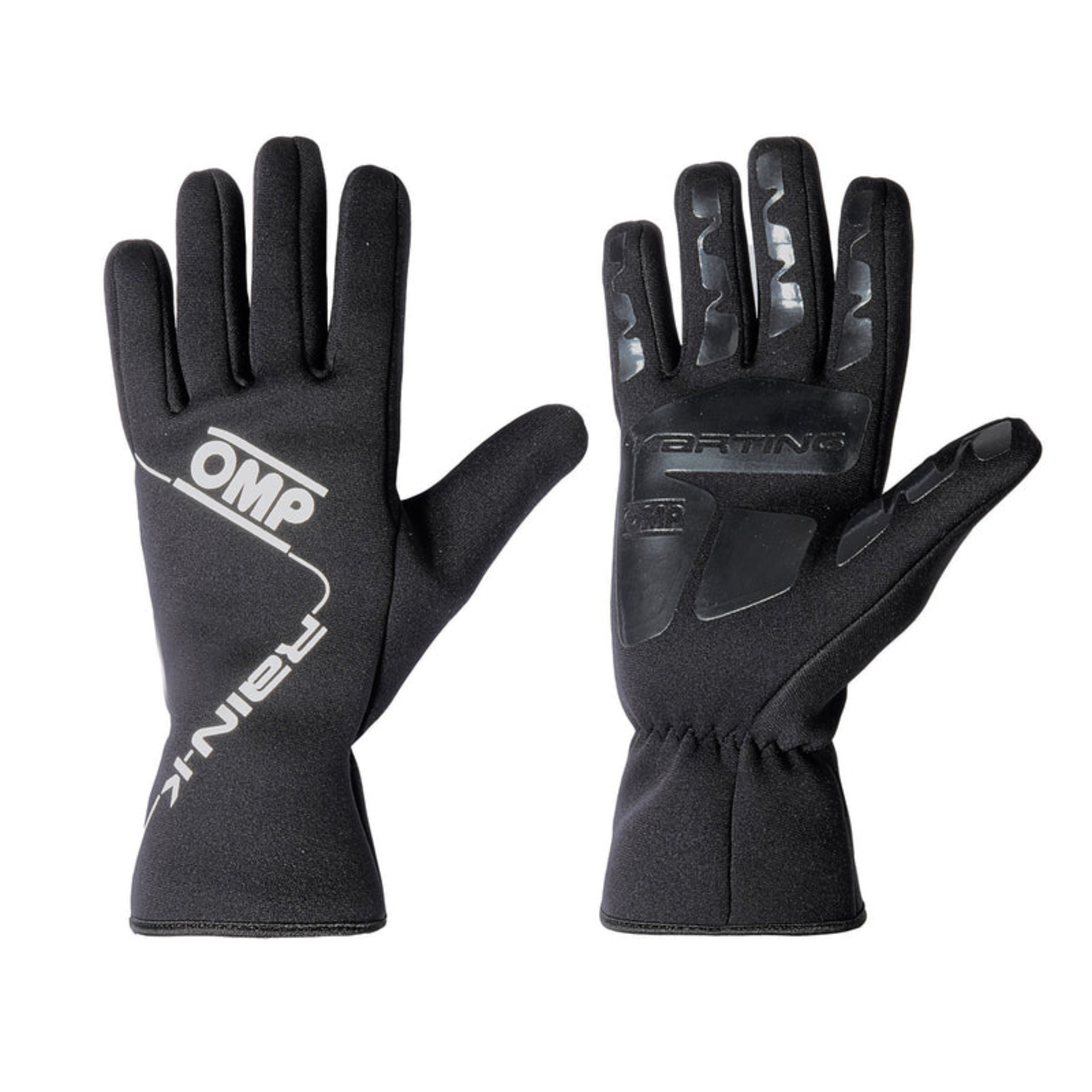 The back and palm (front) of the black and white OMP Rain K All-Conditions Karting Gloves.