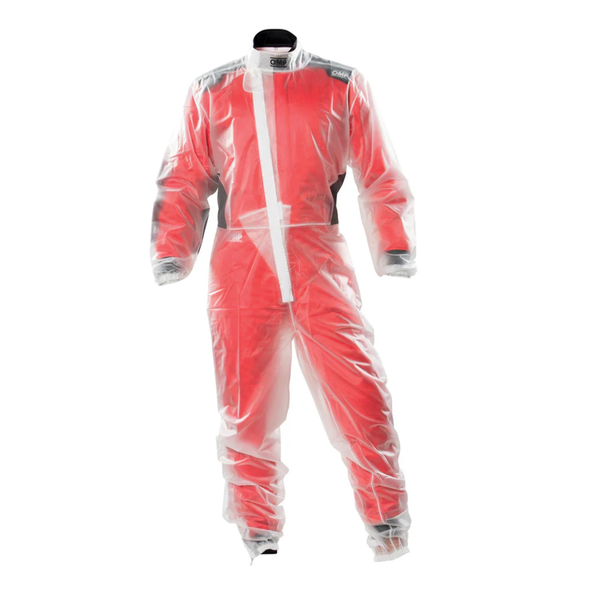 The OMP Rain-K Kart Rain Suit shown on a red OMP racing suit.