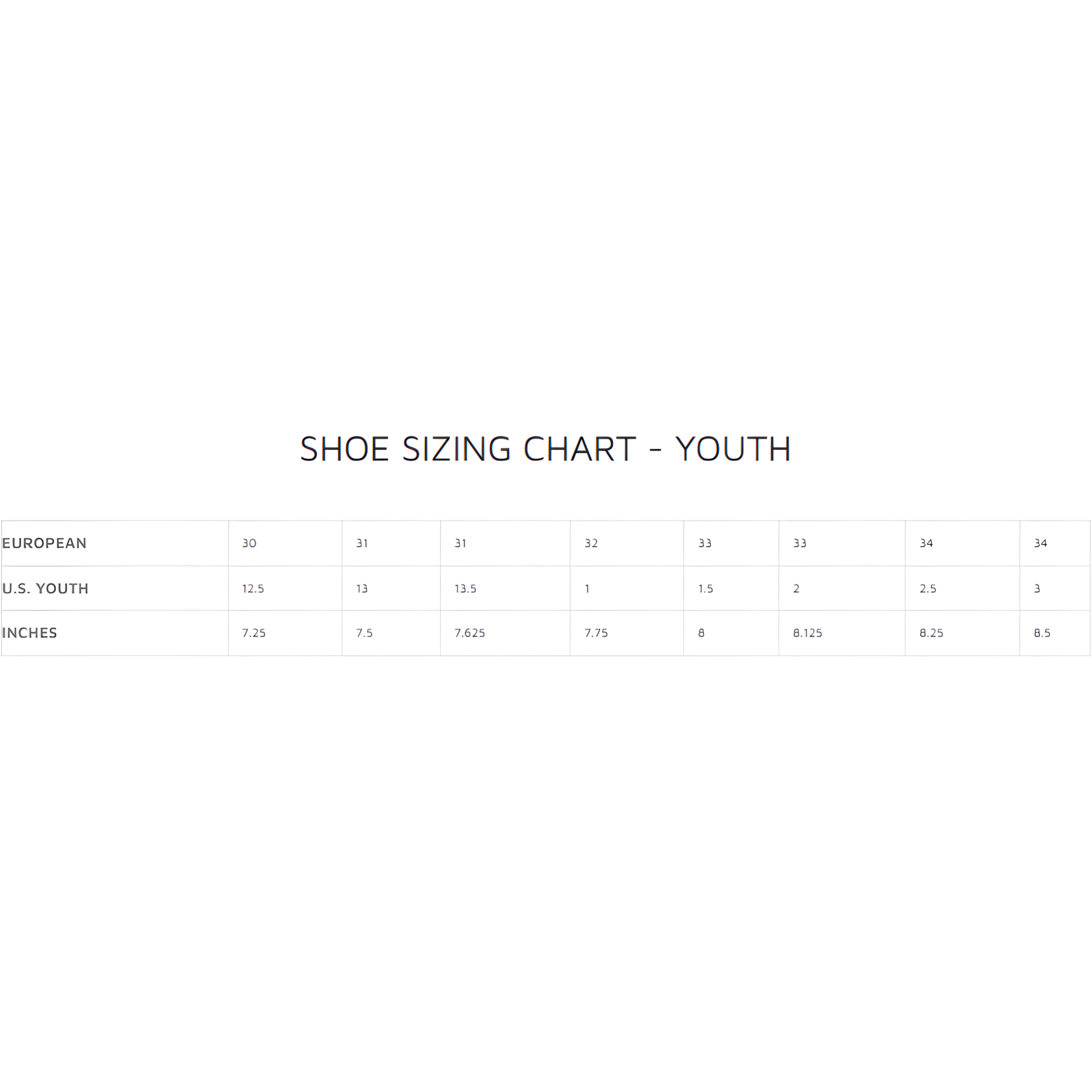 The OMP shoe sizing size guide for youth. all-groups