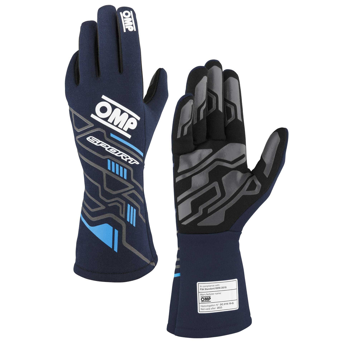 The navy and cyan OMP Sport Fire-Resistant Racing Gloves.