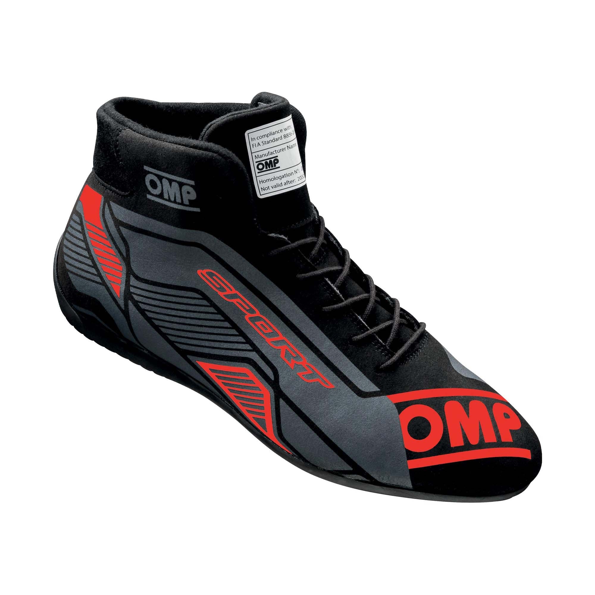 A single black and red OMP Sport Racing Shoe.