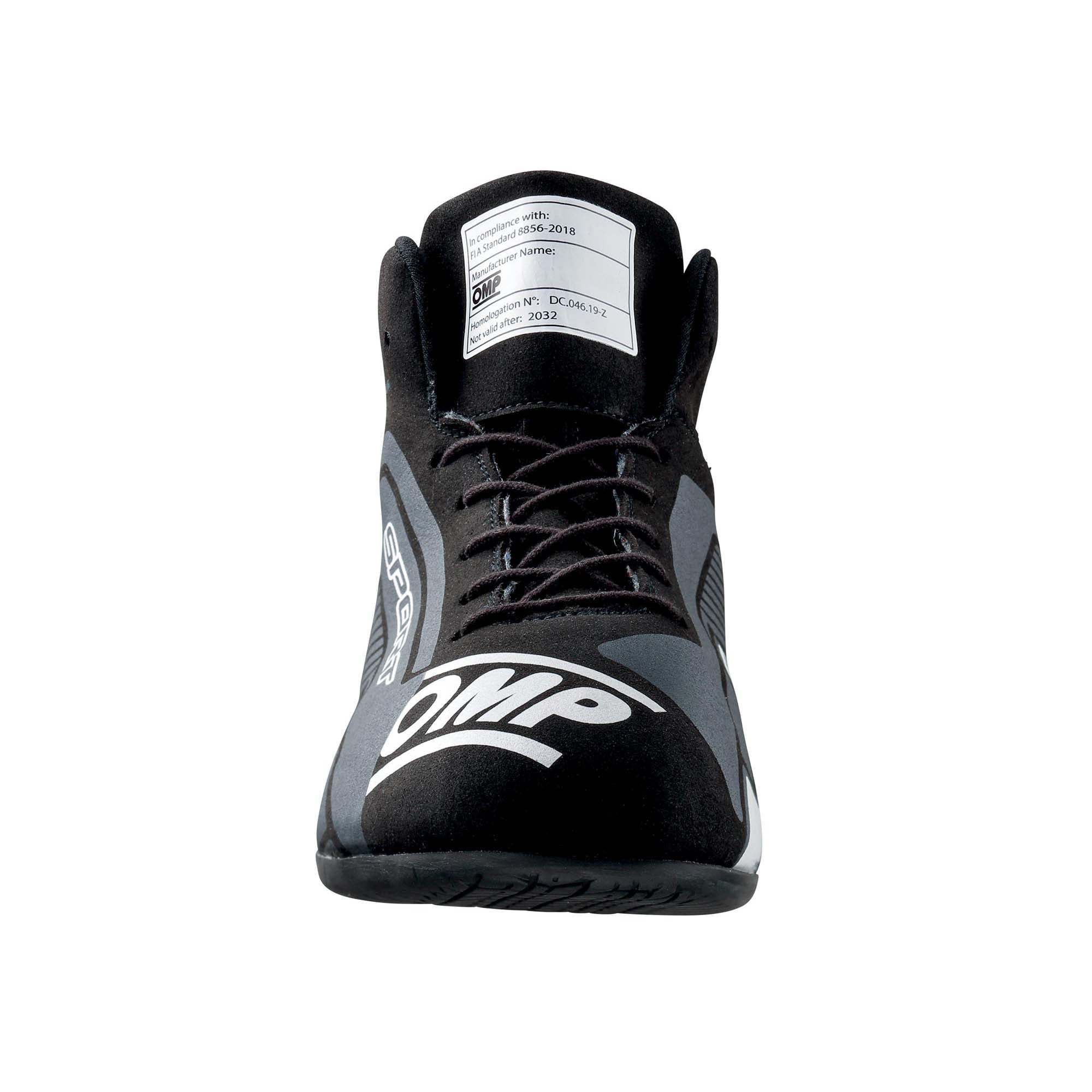 The black and white OMP Sport Racing Shoes from the front.