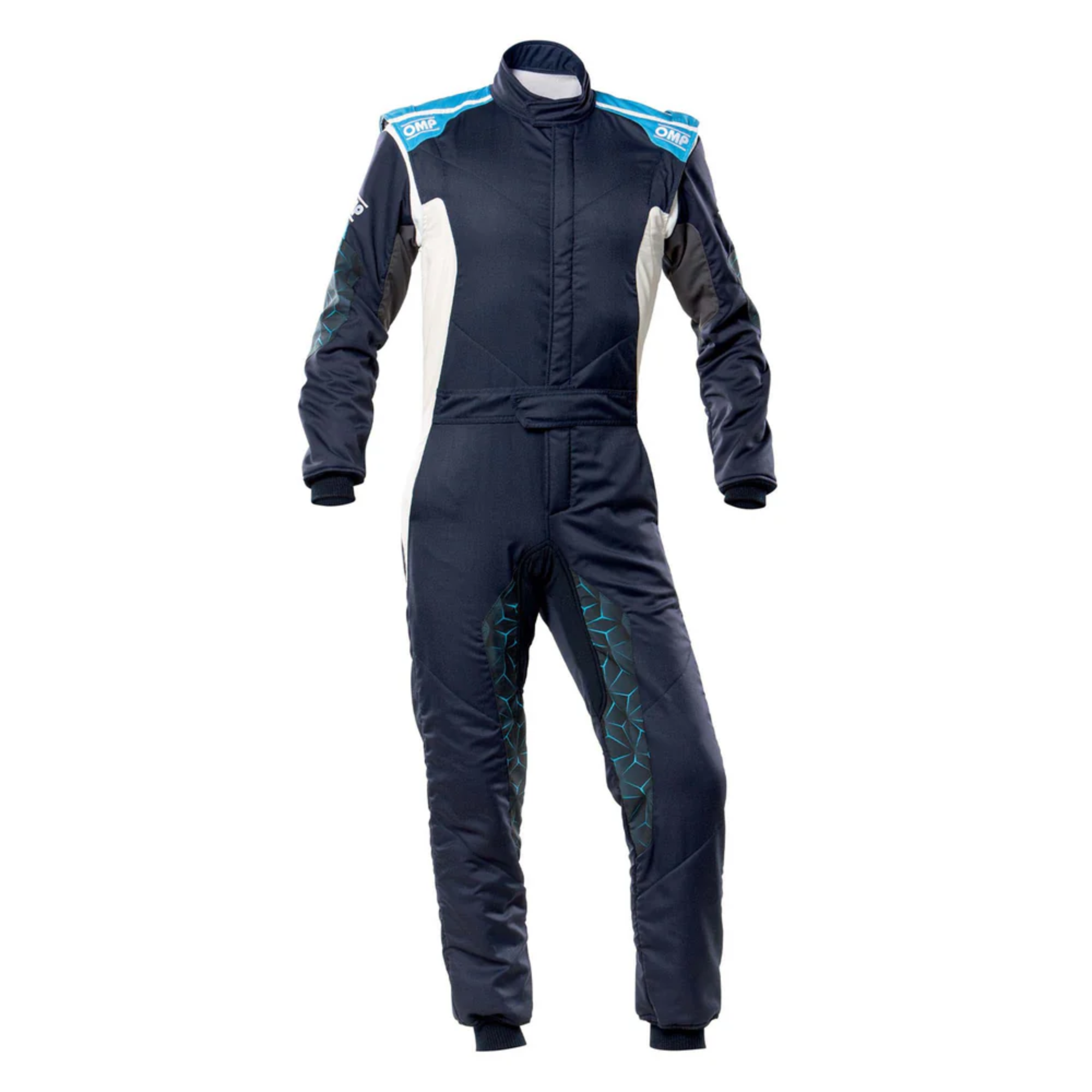 The navy and cyan OMP Tecnica Hybrid Racing Suit.