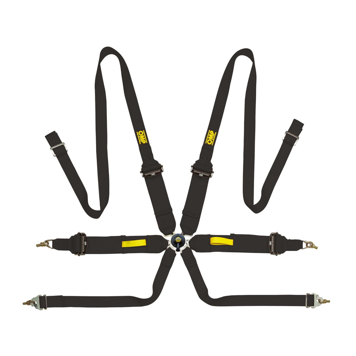 The black OMP Tecnica 3+2 Racing Harness.