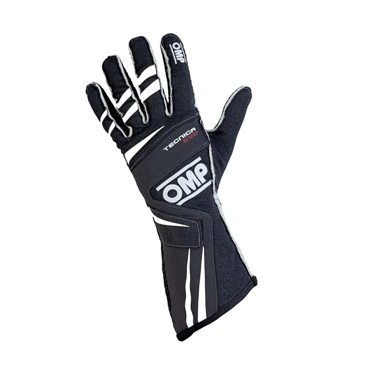 The black FIA 8856-2000 homologated OMP Tecnica Evo Racing Gloves showing a single glove.
