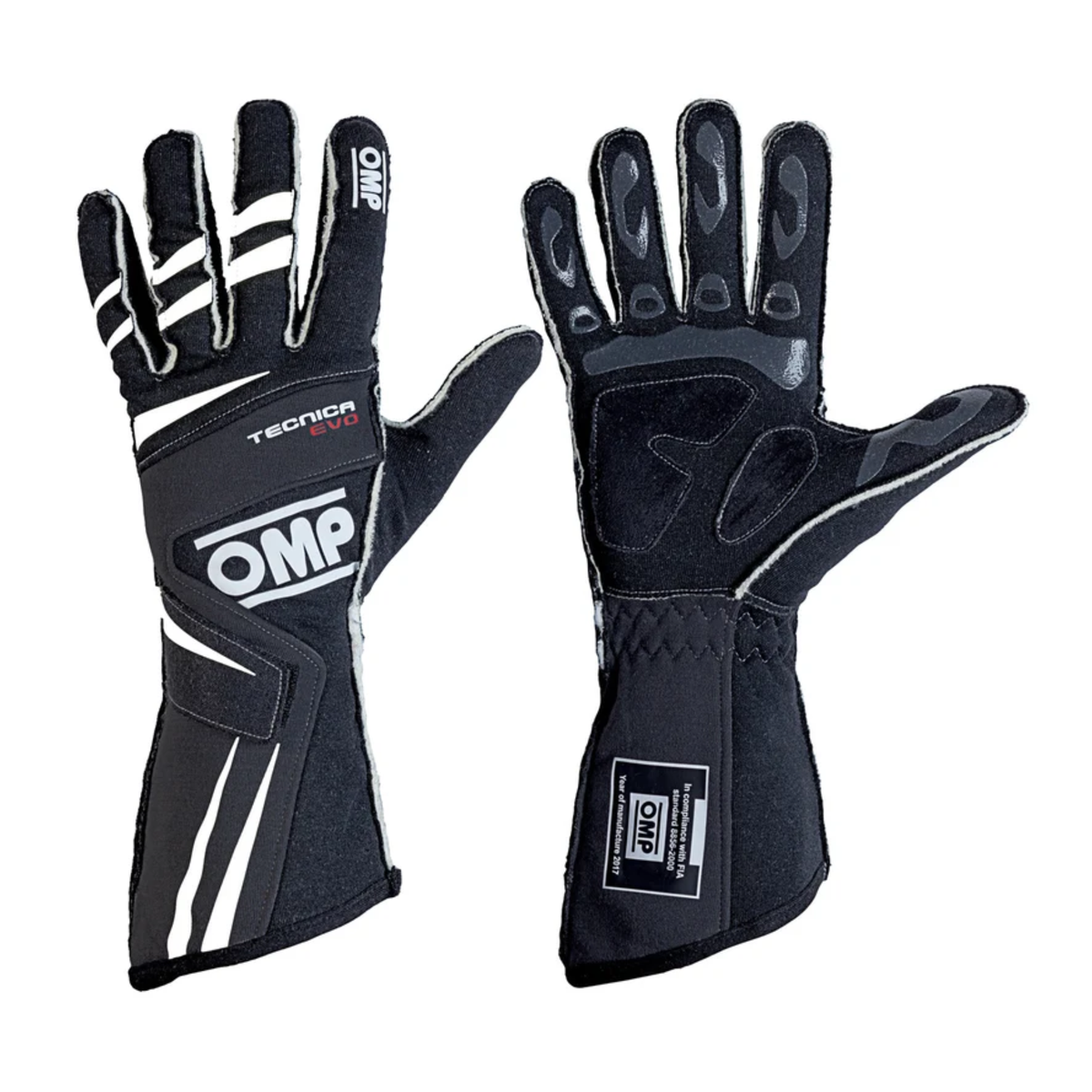 The black FIA 8856-2000 homologated OMP Tecnica Evo Racing Gloves.